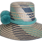 Handmade Bohemian Straw Hat with aqua and navy spiral patterns and cultural design