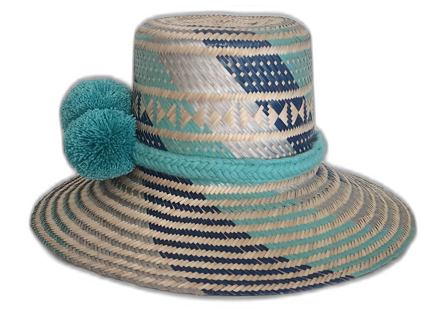 Handmade Bohemian Straw Hat with aqua and navy spiral patterns and cultural design