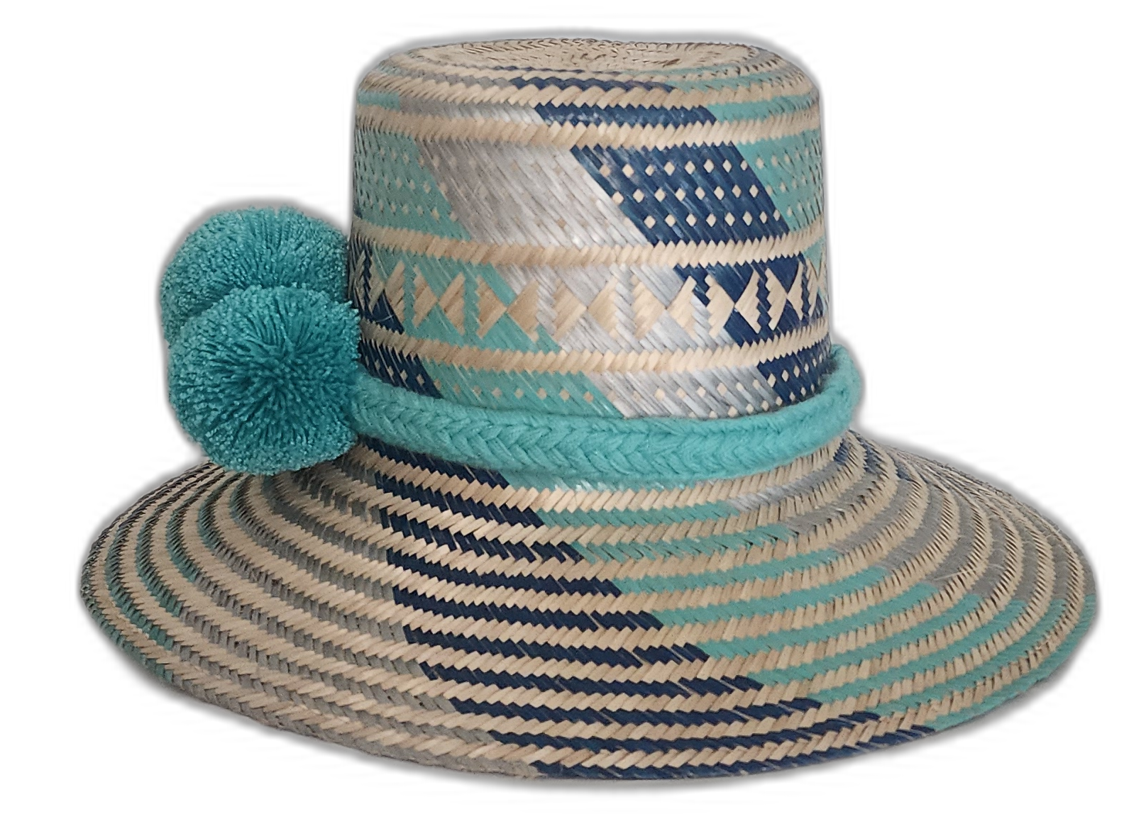 Handmade Bohemian Straw Hat with aqua and navy spiral patterns and cultural design