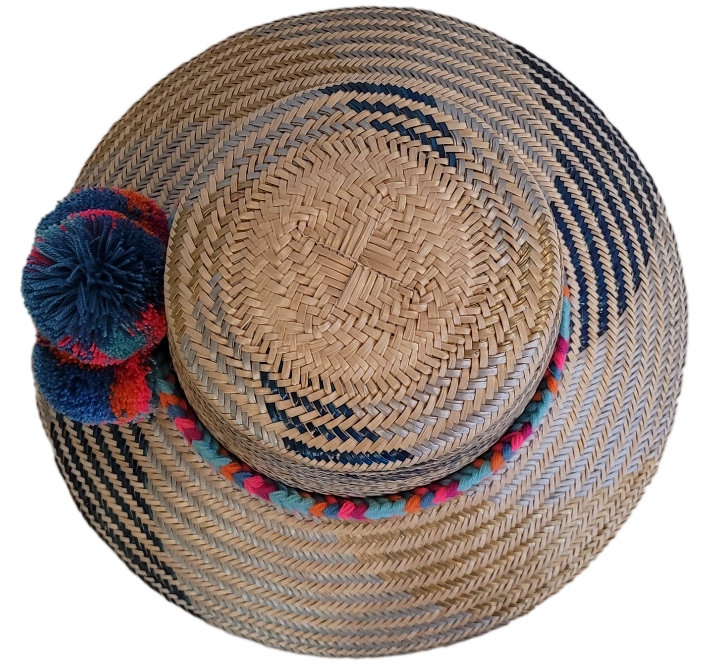 Bohemian handmade hat with colorful pompoms and natural weave.