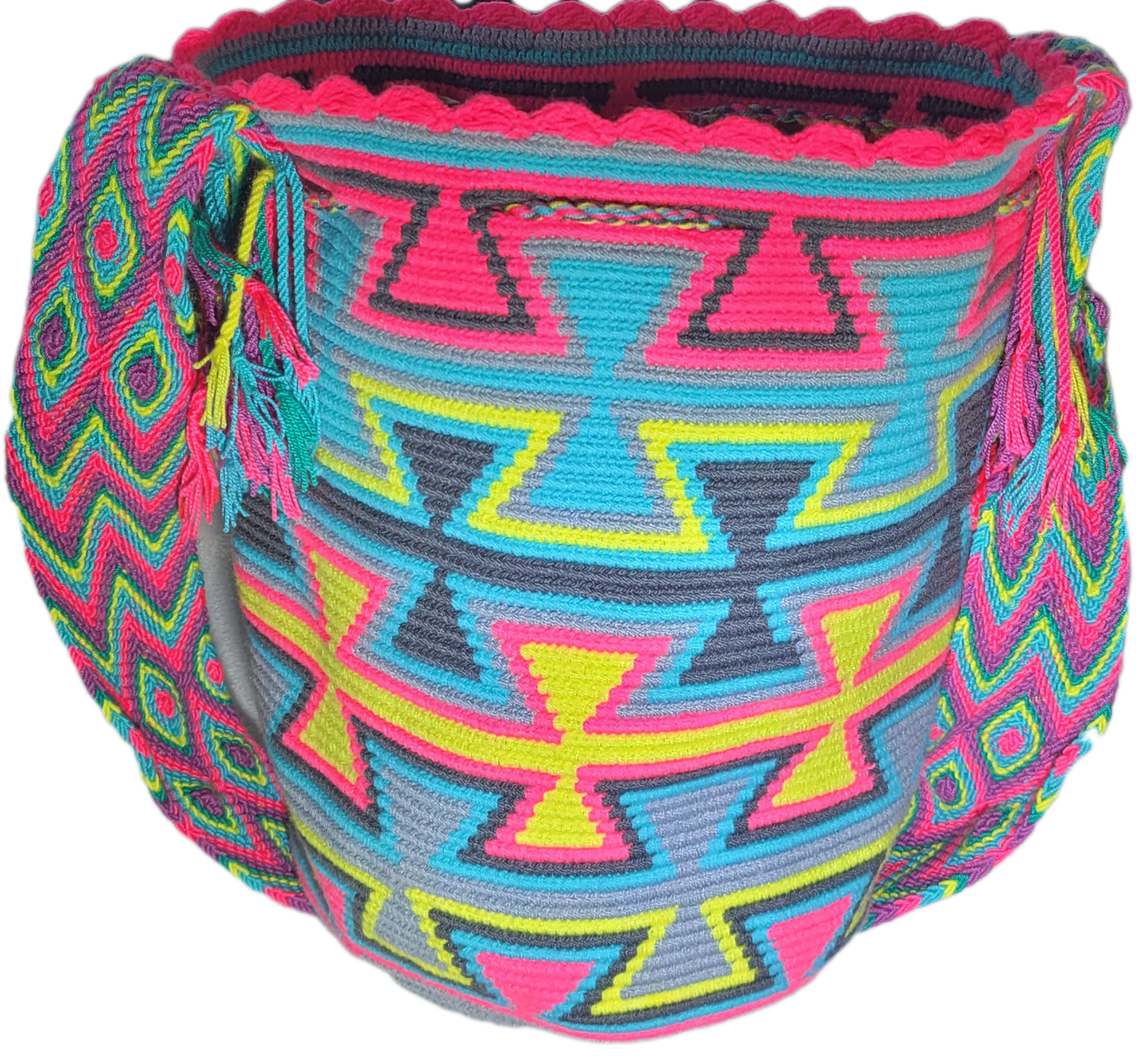 Handcrafted Bohemian Wayuu bag featuring colorful chevron strap and geometric body design.