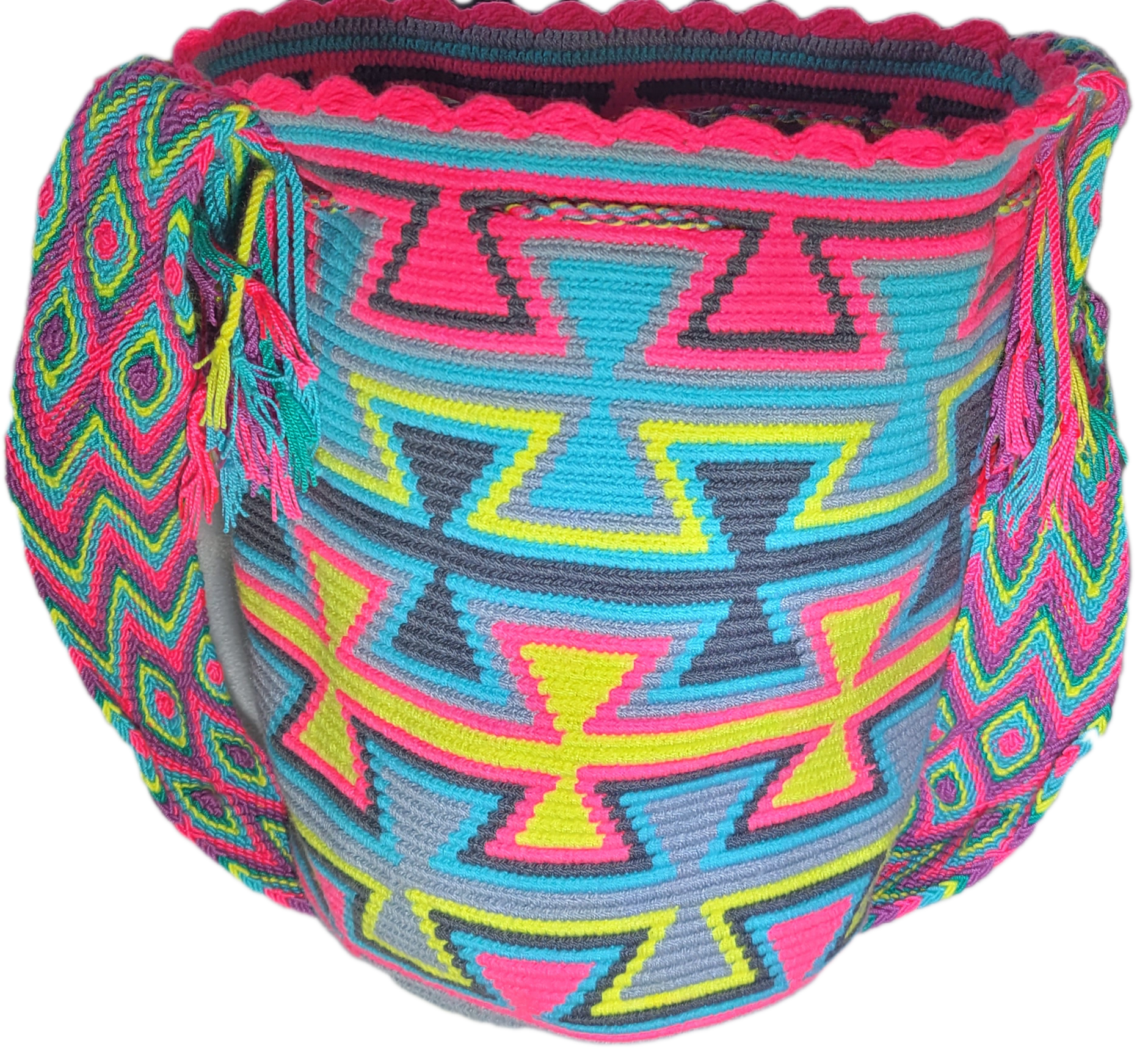 Bottom view Handcrafted Bohemian Wayuu bag featuring colorful chevron strap and geometric body design.