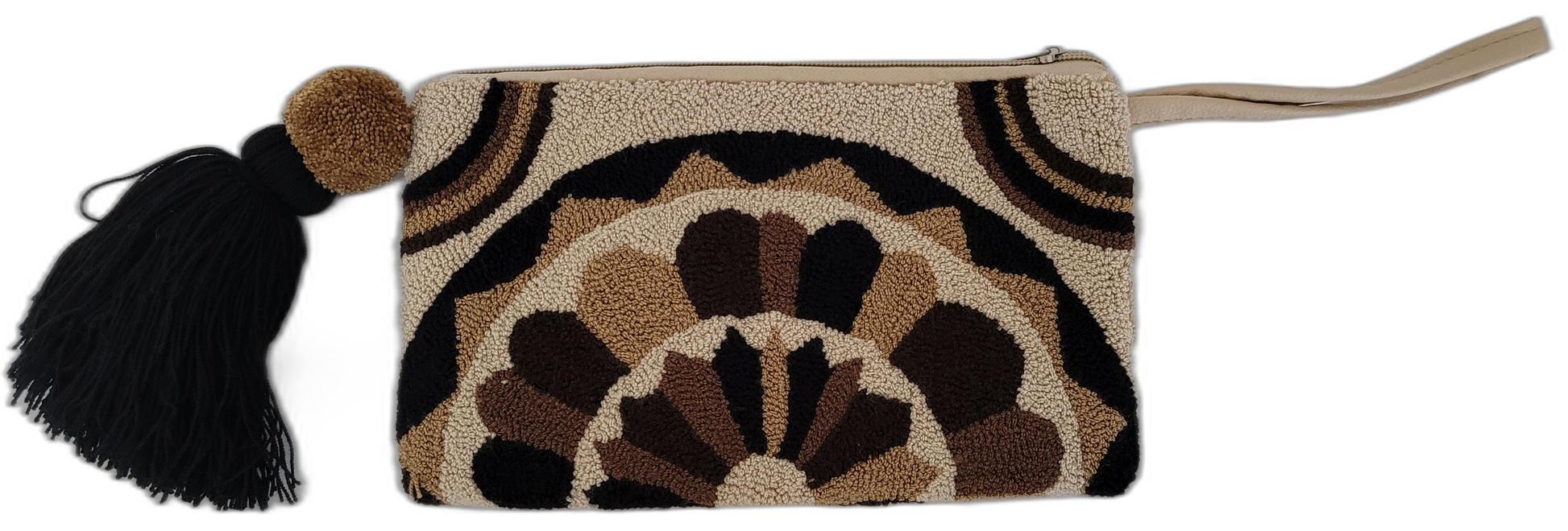1 Bohemian crochet Wayuu clutch in earthy tones with black tassel and tan handle

