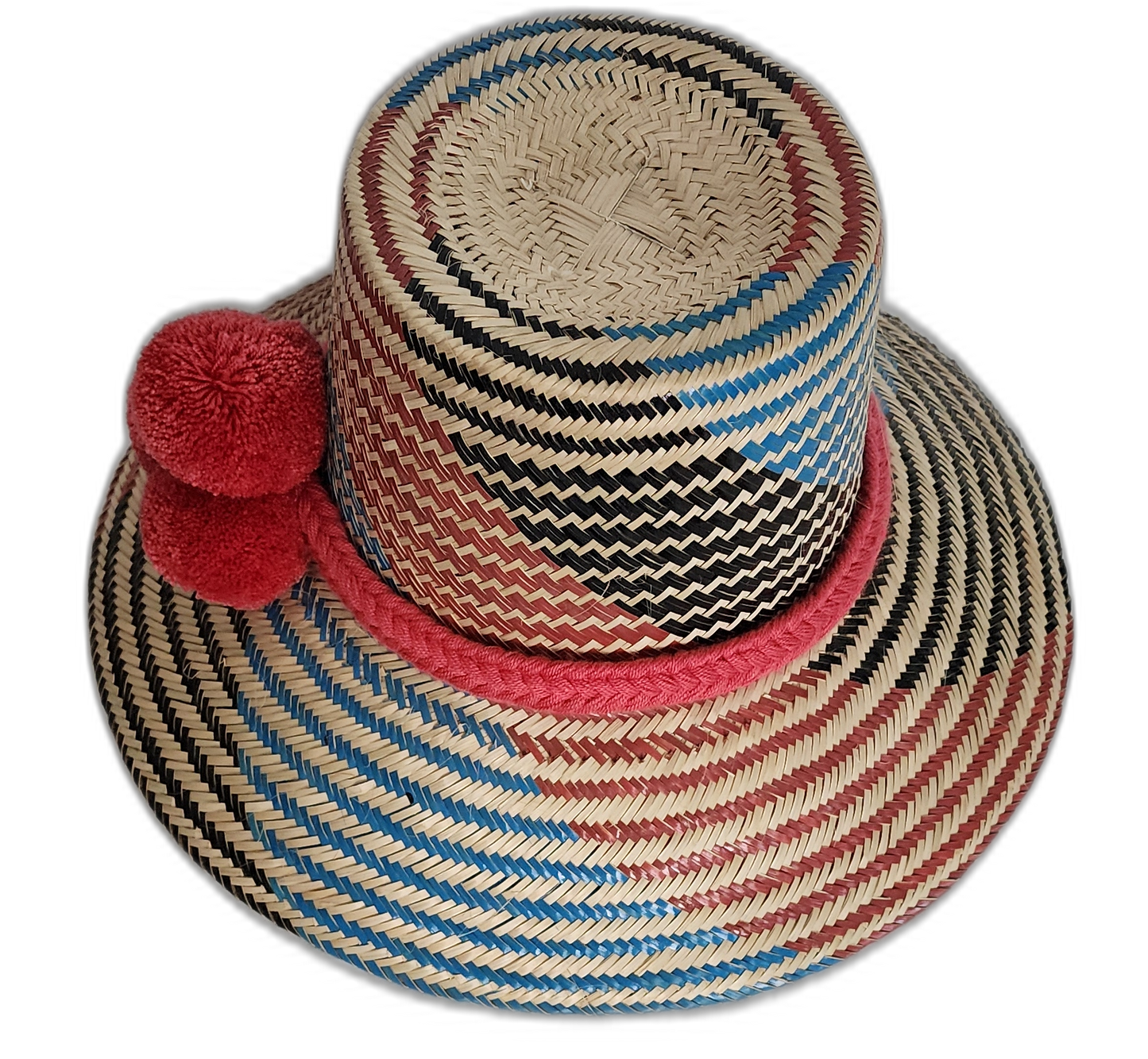 Bold handmade Wayuu hat with red wool trim and colorful geometric designs