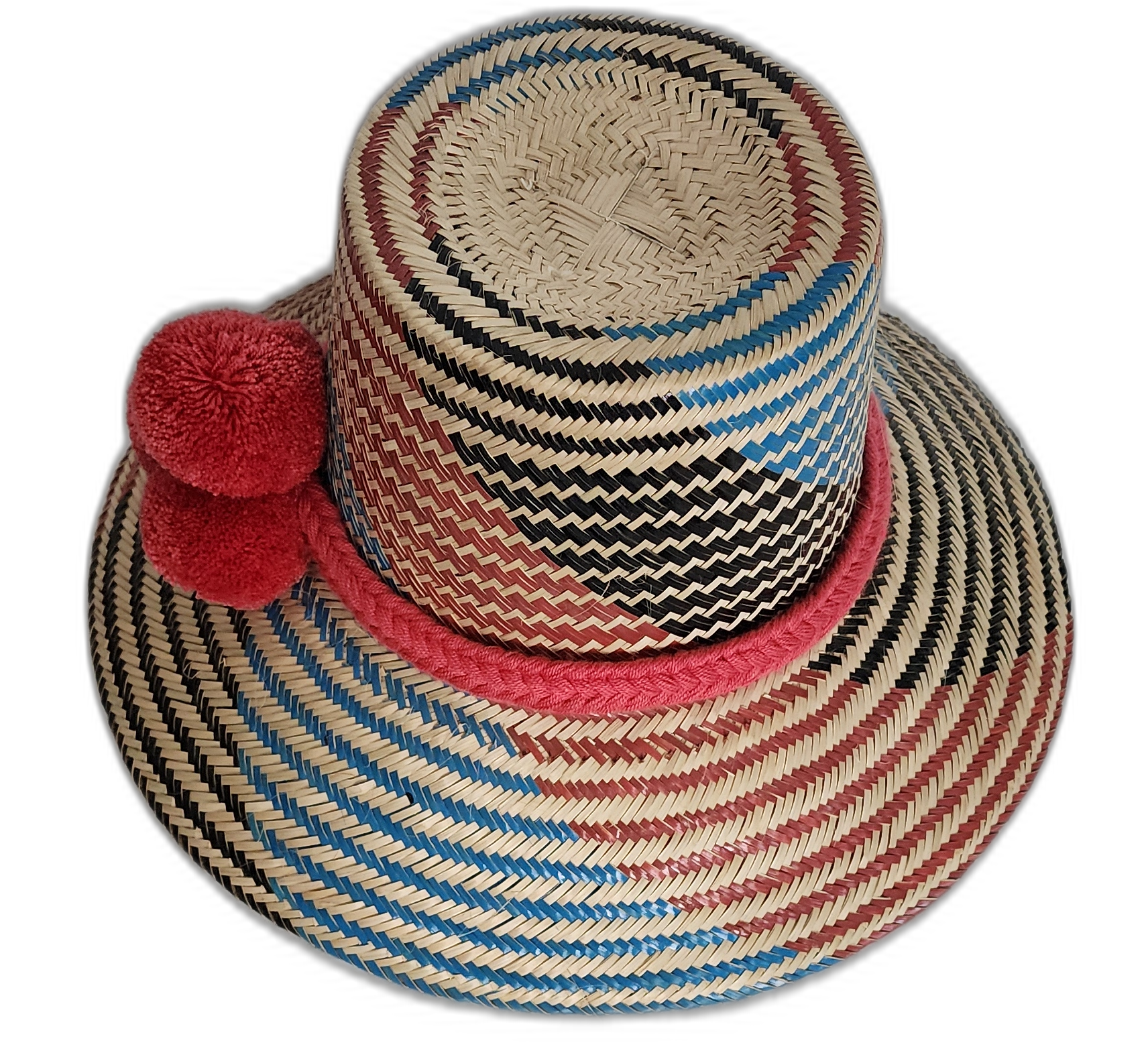 Bold handmade Wayuu hat with red wool trim and colorful geometric designs