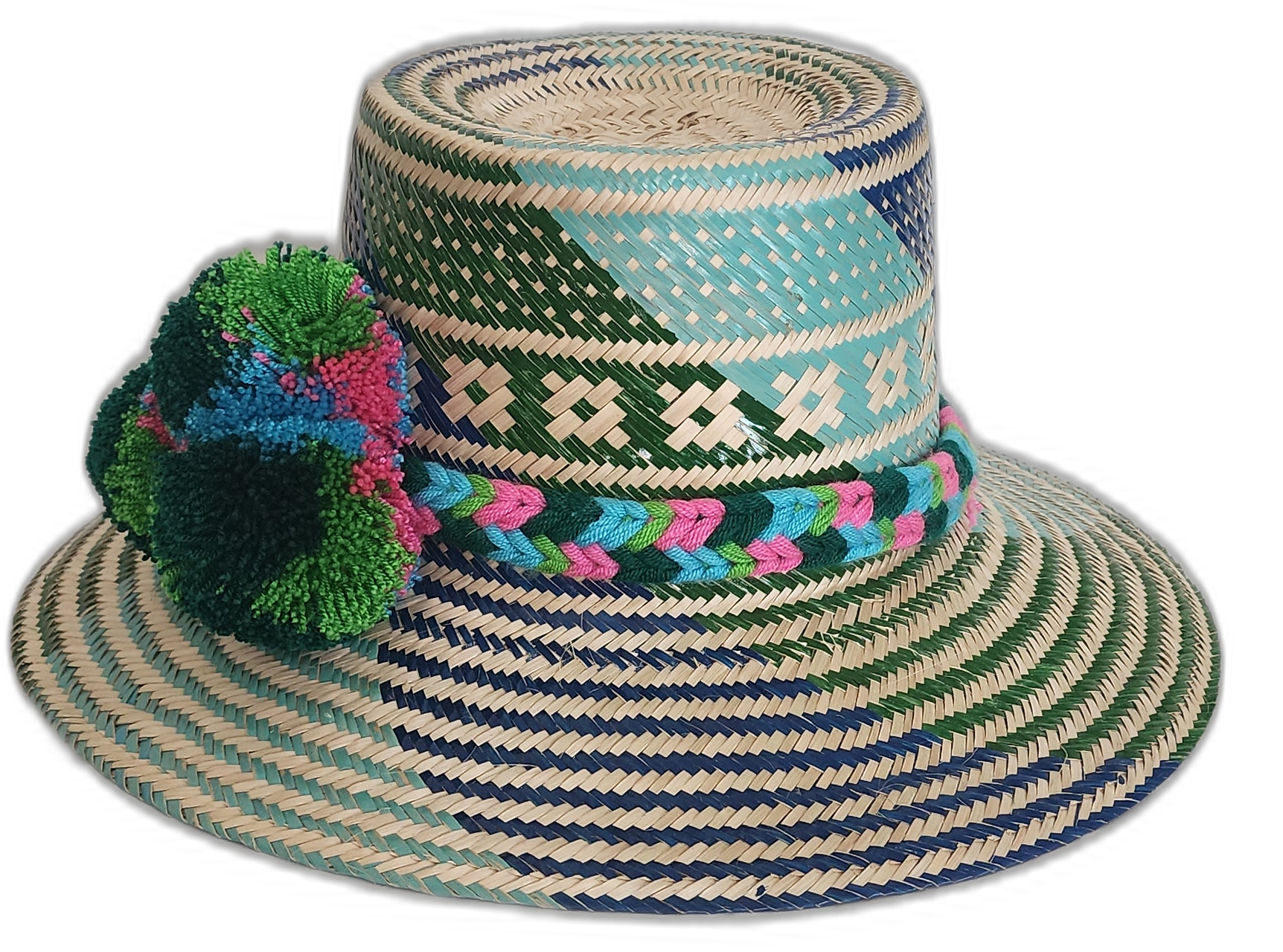 Boho straw hat featuring bright green, blue, and pink pompom details