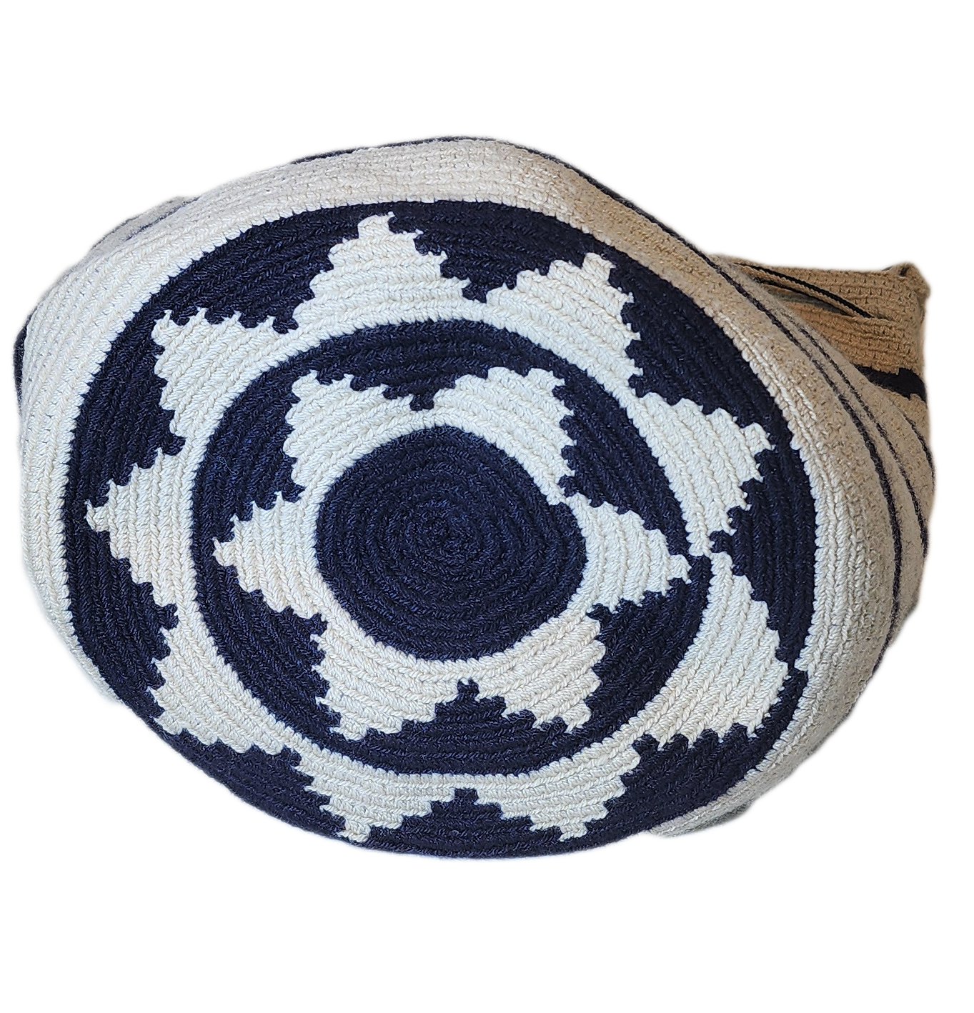 Bohemian handmade bag in white and navy with vibrant red tassels.
