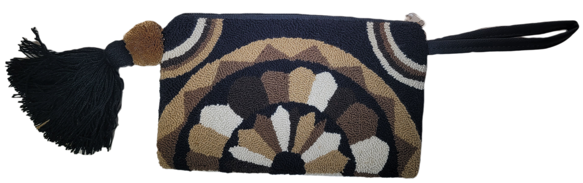 1 "Artisan-crafted Wuitusu Needle Punch Clutch with colorful, unique Wayuu patterns, zip closure, and a lined interior."