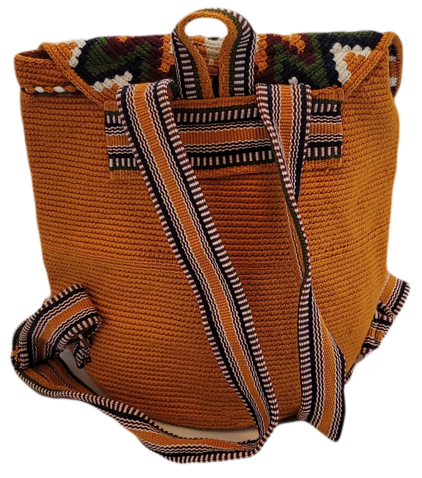 Bottom view Bohemian Wayuu bag in orange, black, cream, and green with artisan details.