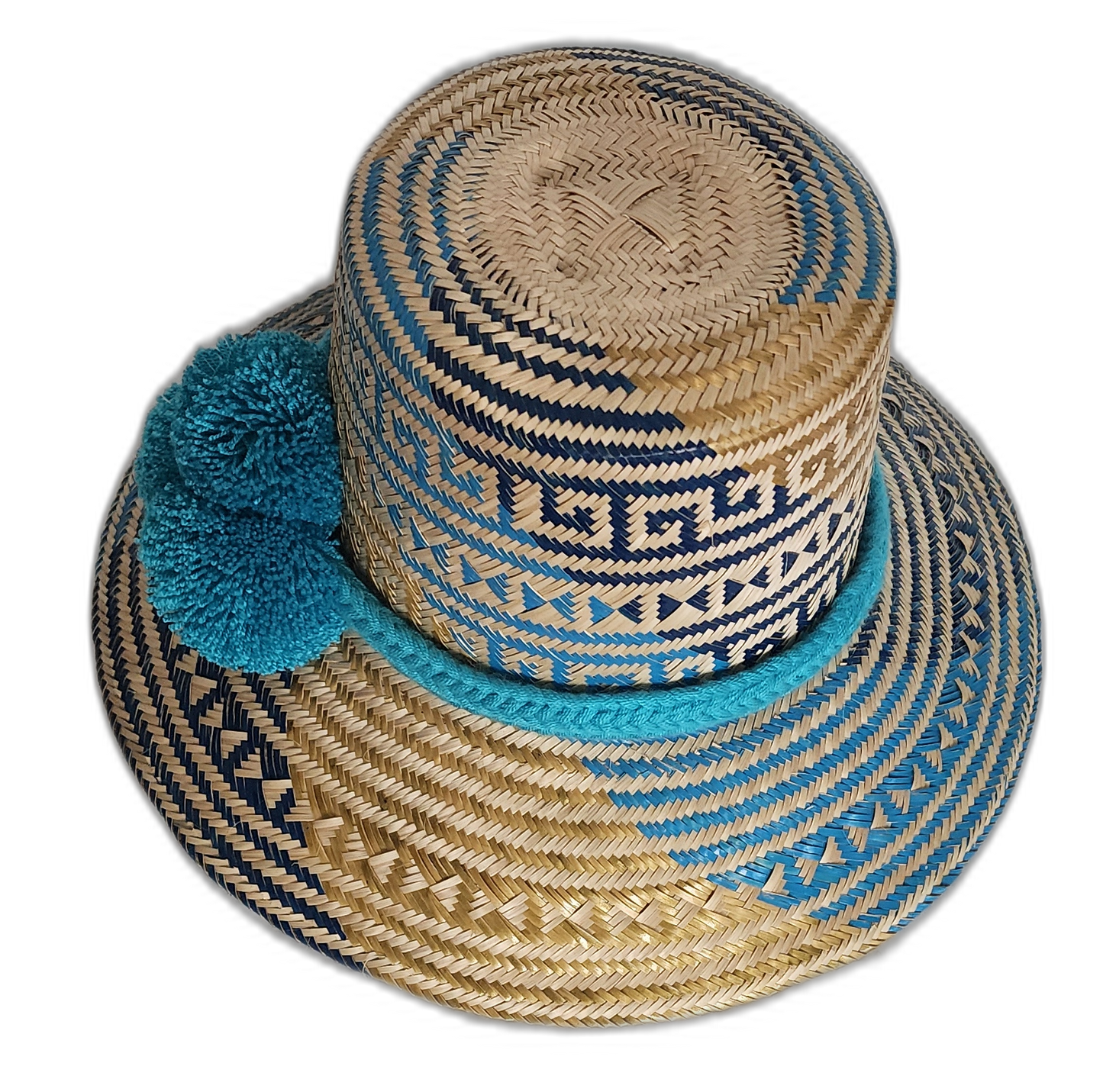 Artisan Wayuu hat with blue tribal-inspired design and bright pompoms