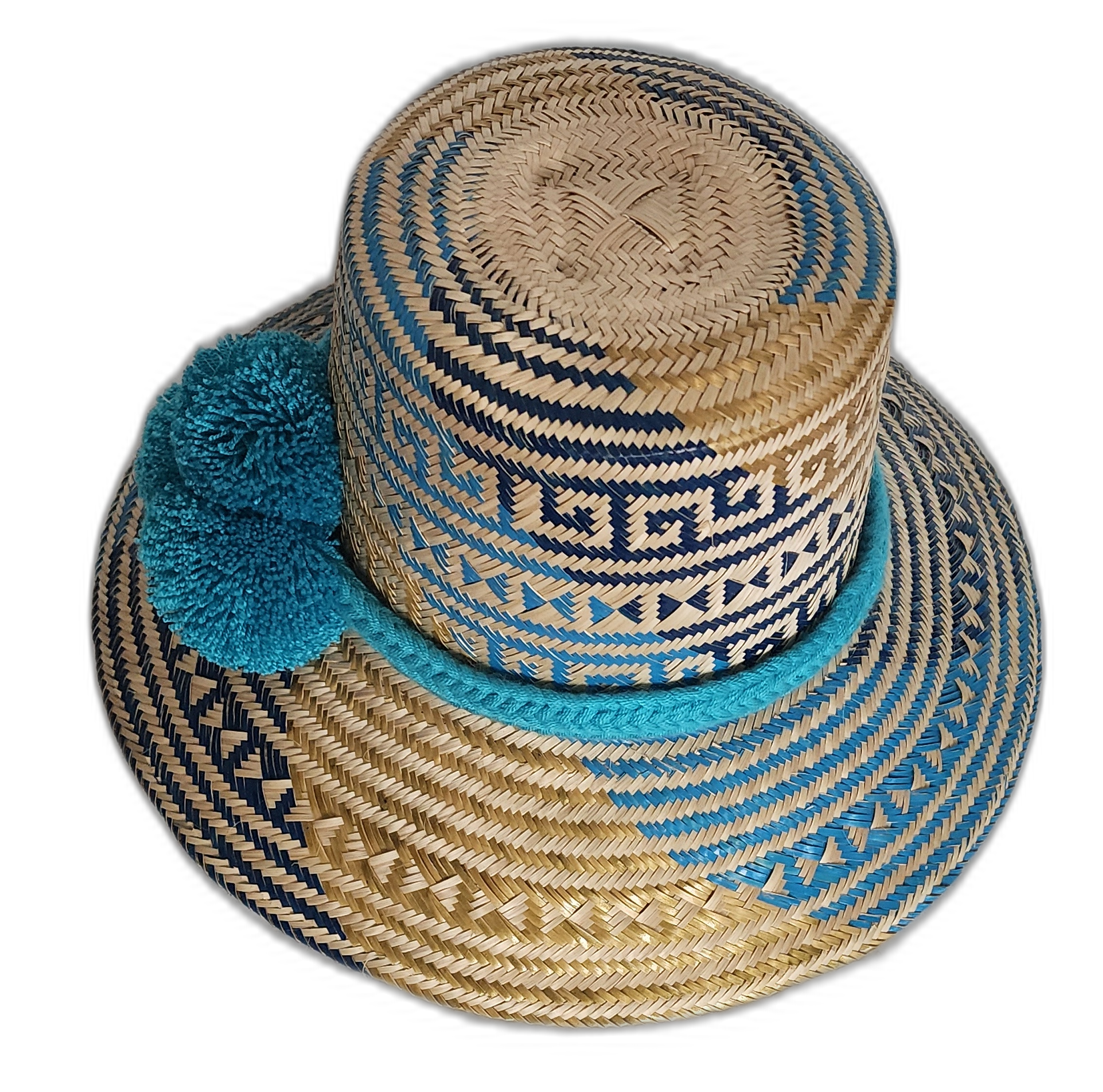 Artisan Wayuu hat with blue tribal-inspired design and bright pompoms