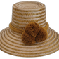 Handcrafted Wayuu natural straw hat with olive-ochre pompoms.

