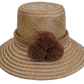 Solid natural Wayuu straw hat handmade with brown pompoms.

