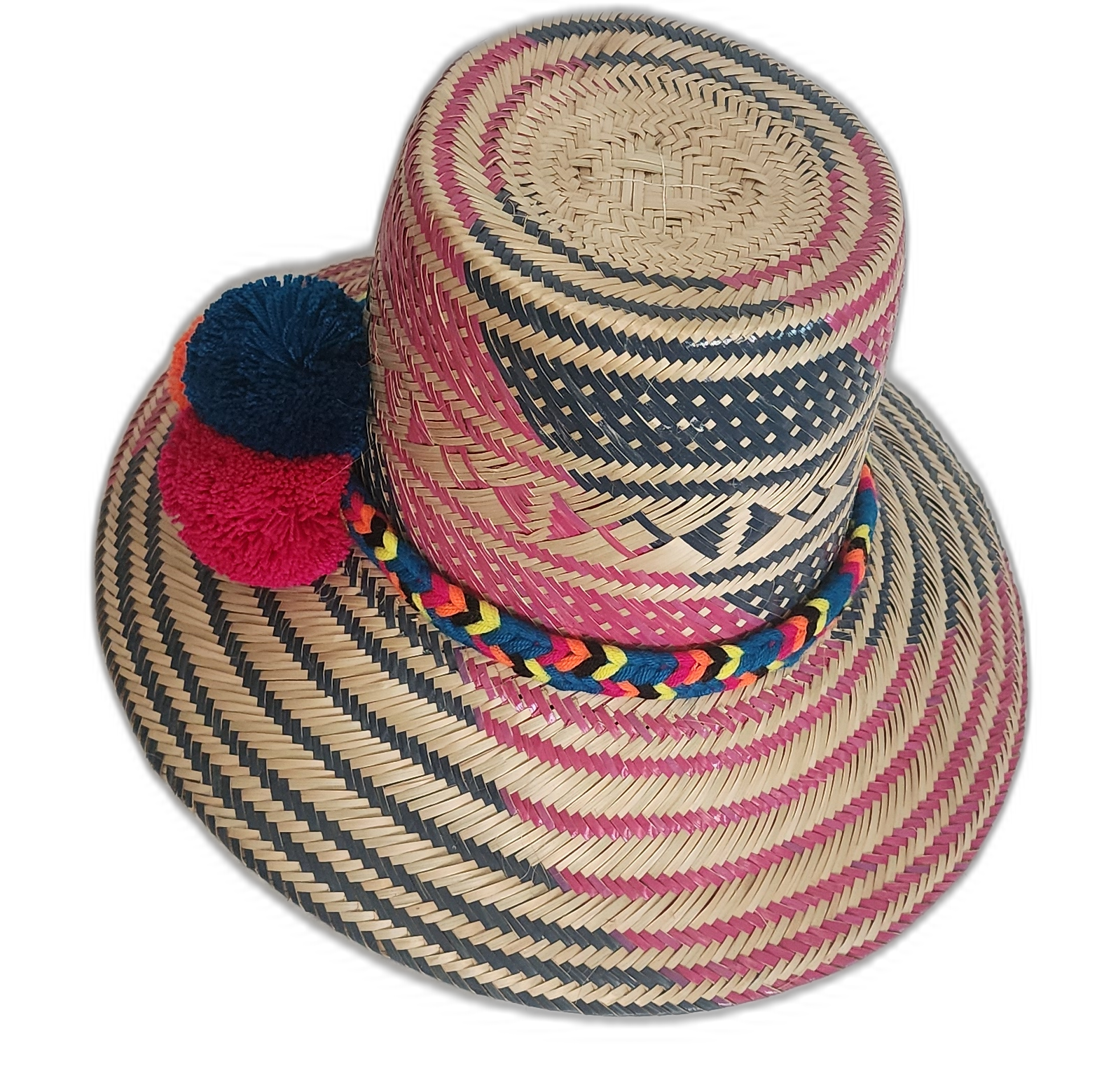 Artisan-crafted hat with multicolor pompom cluster and geometric navy-pink weave.