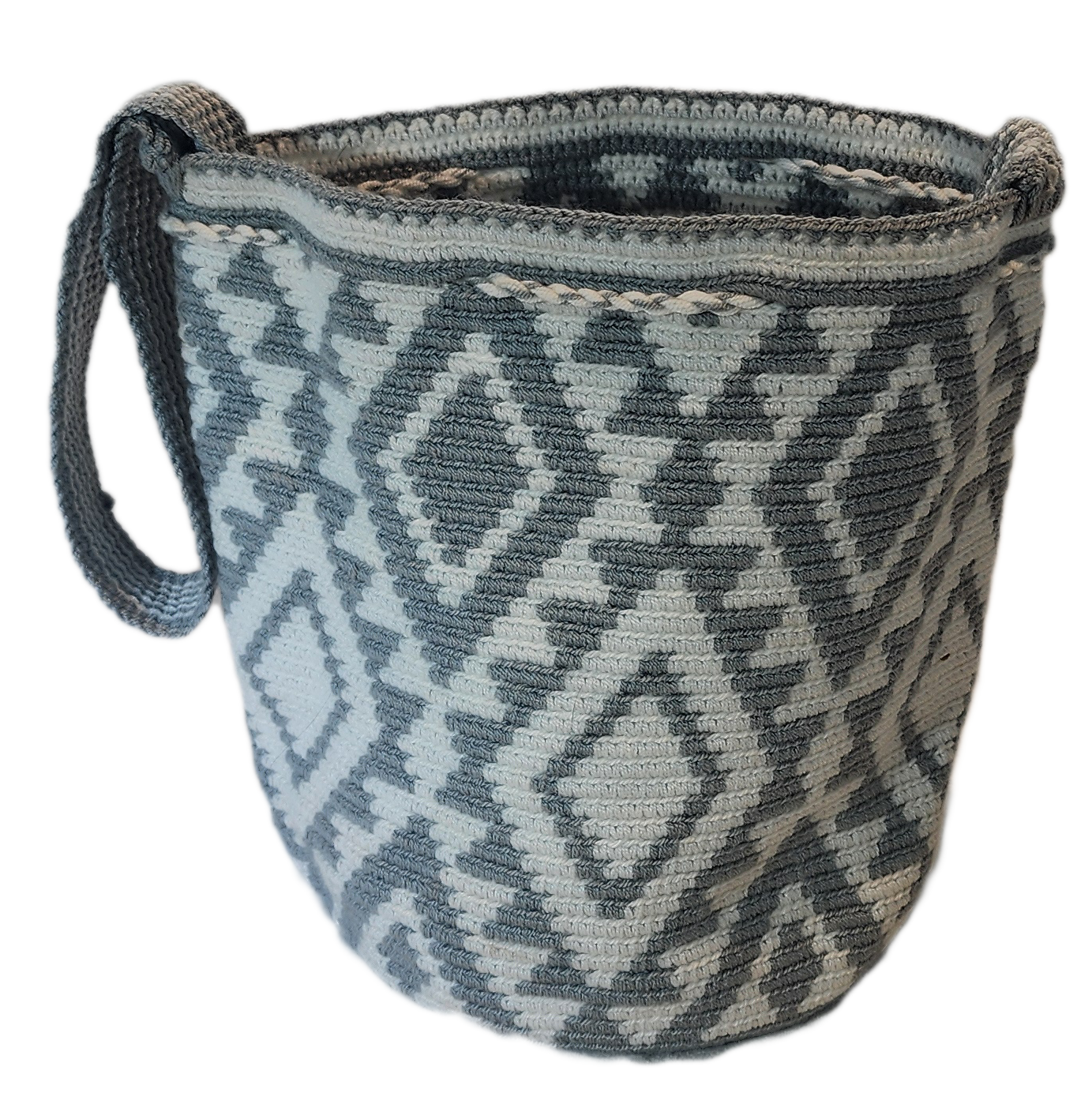 Bottom view Artisan-made crochet Wayuu bag in soft gray and ivory tones with a bohemian diamond motif and handmade braided strap.