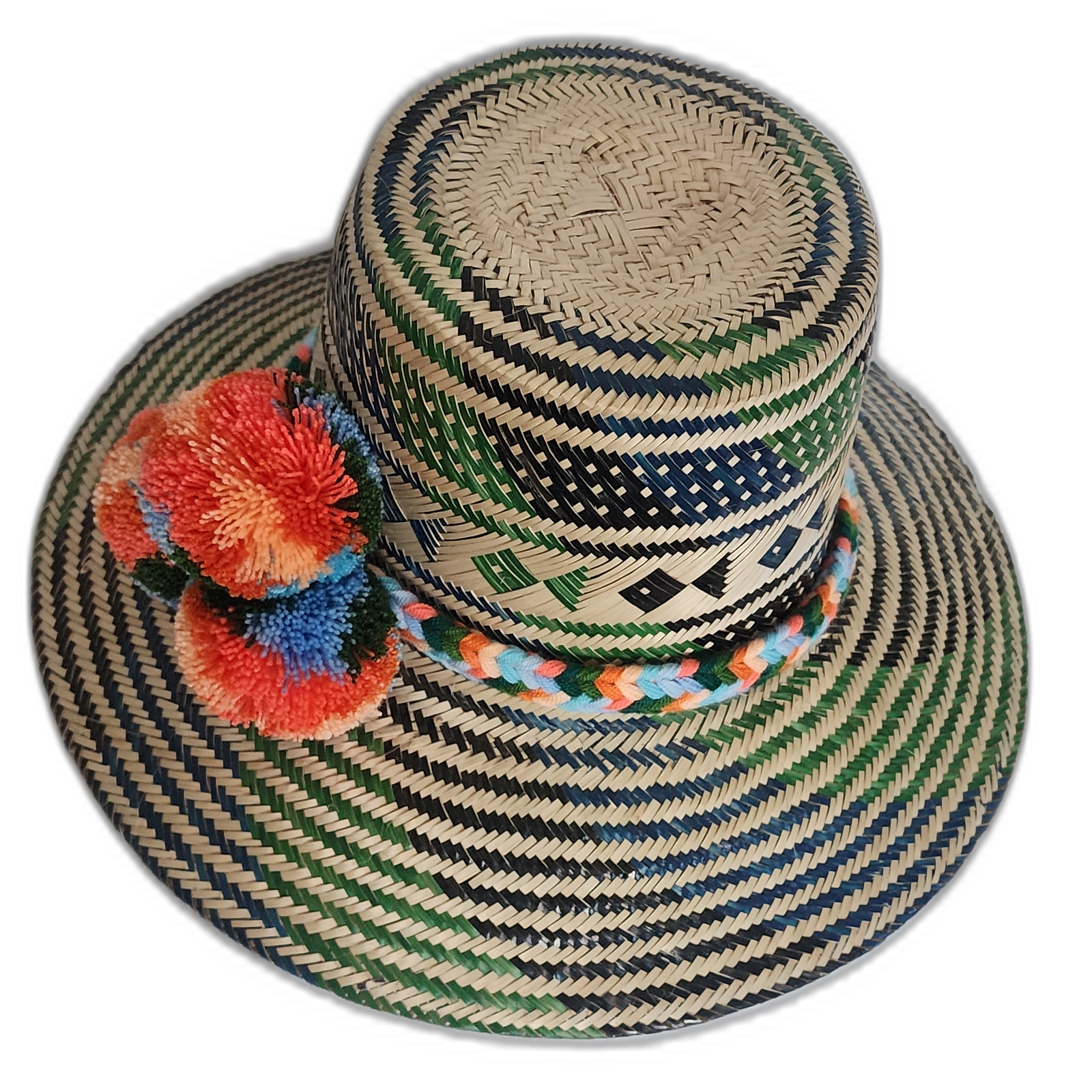 Colorful handcrafted Wayuu straw hat with bright orange and blue pompoms.