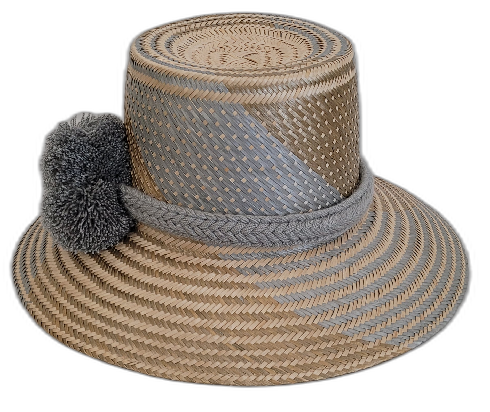Boho Wayuu hat crafted with gray weave and adorned with gray pompoms.


