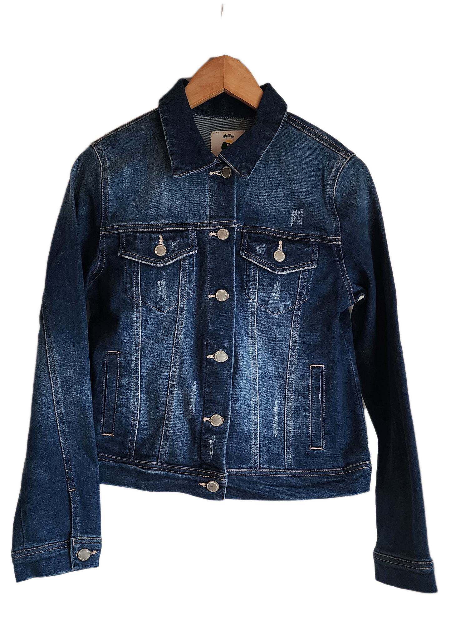 "Artisan-made denim jacket with colorful punch needle embroidery on the back, showcasing unique, vibrant designs."
