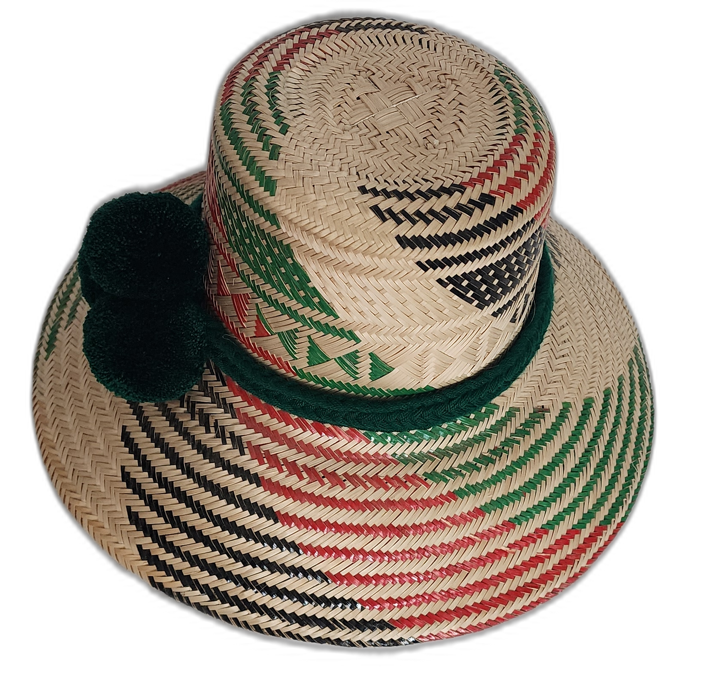Artisan Wayuu hat with bold red and green accents and forest green pompoms