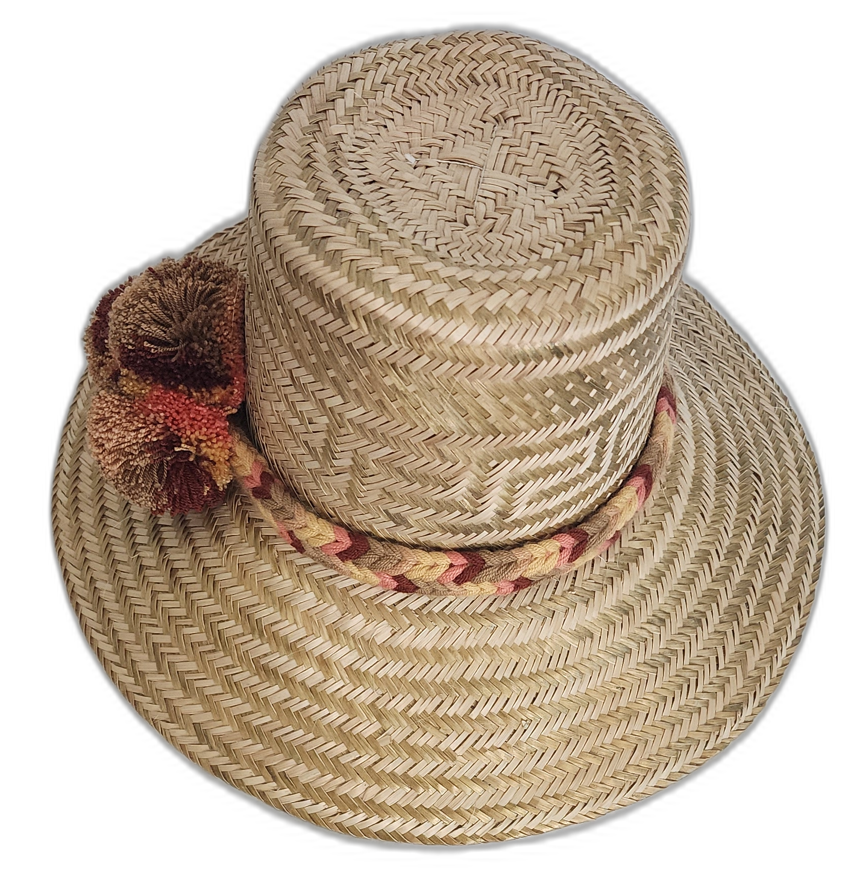 Natural palm straw hat featuring red, brown, and gold pompoms