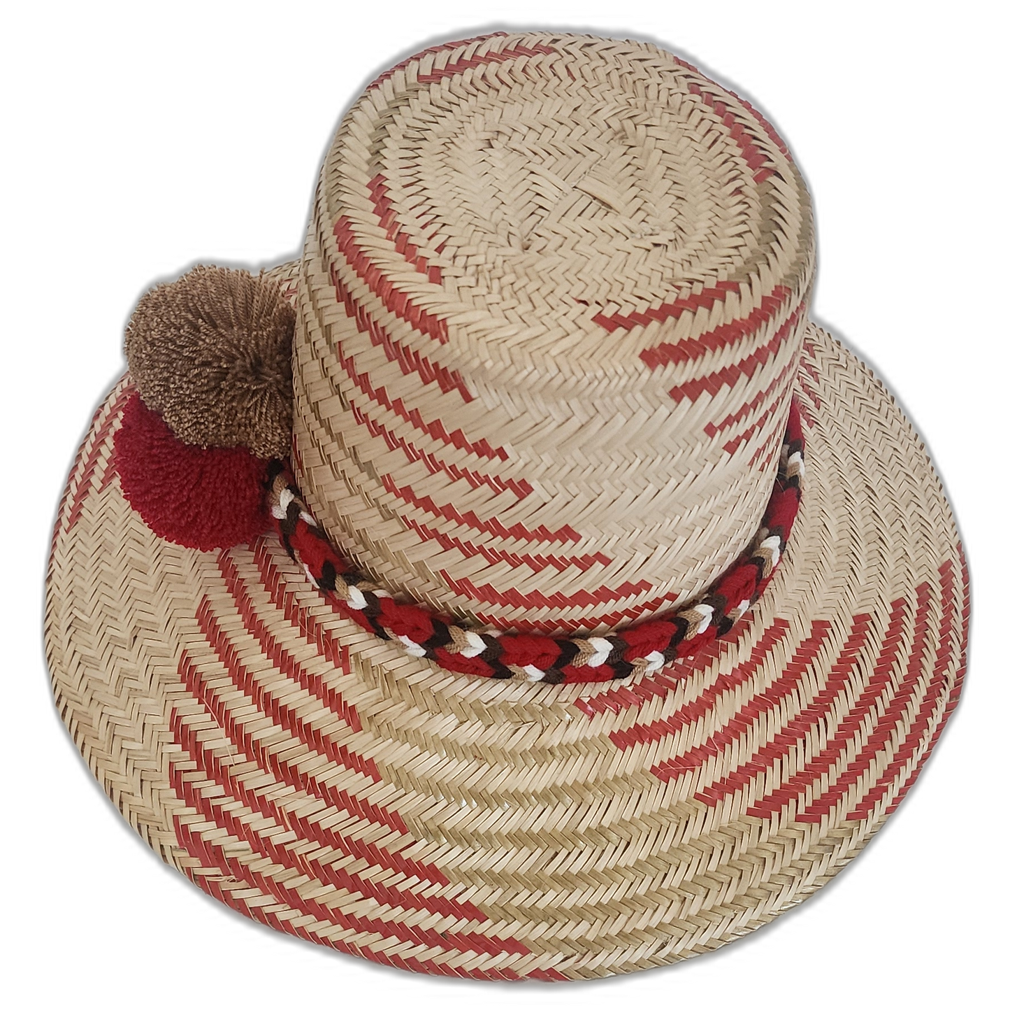 Cultural Wayuu hat handmade in natural and red straw with bold decorative accents
