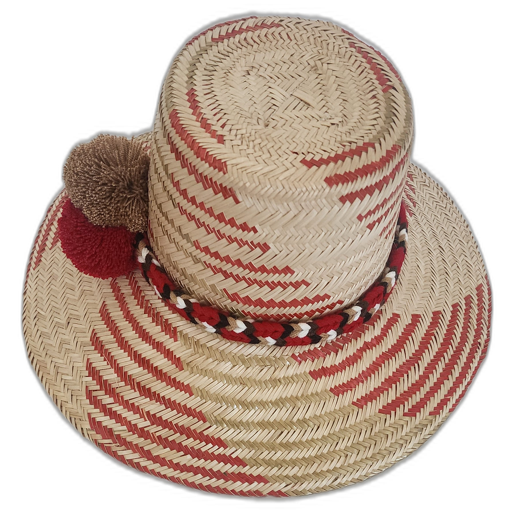 Cultural Wayuu hat handmade in natural and red straw with bold decorative accents