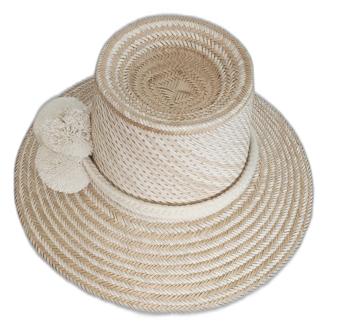 Elegant Wayuu hat with soft tone pompoms and traditional weave