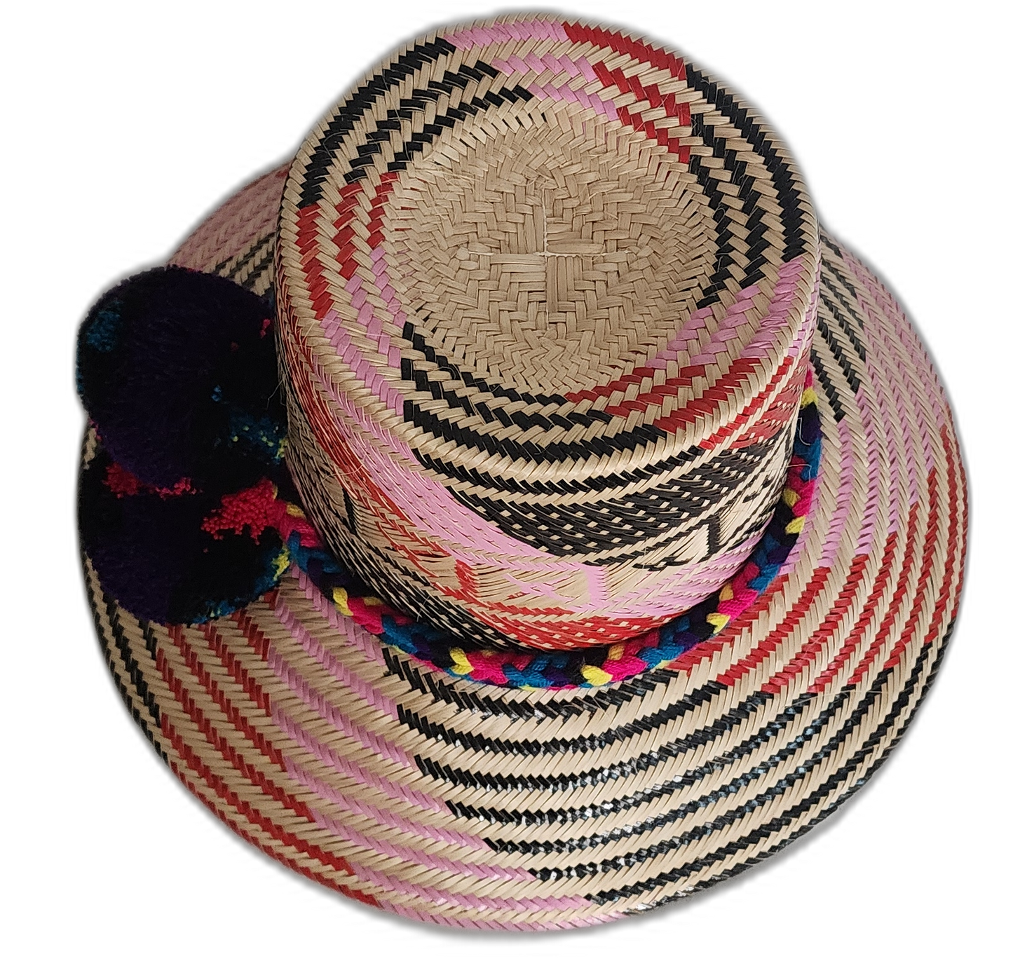 Colorful handmade boho hat with a pompom cluster and vibrant band