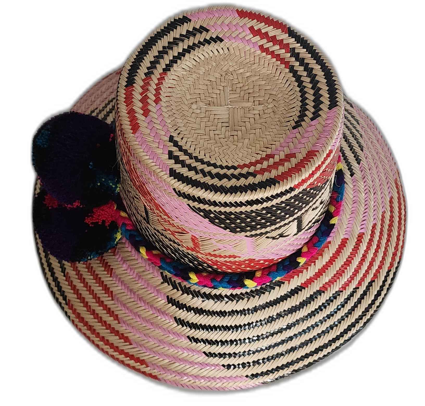 Colorful handmade boho hat with a pompom cluster and vibrant band