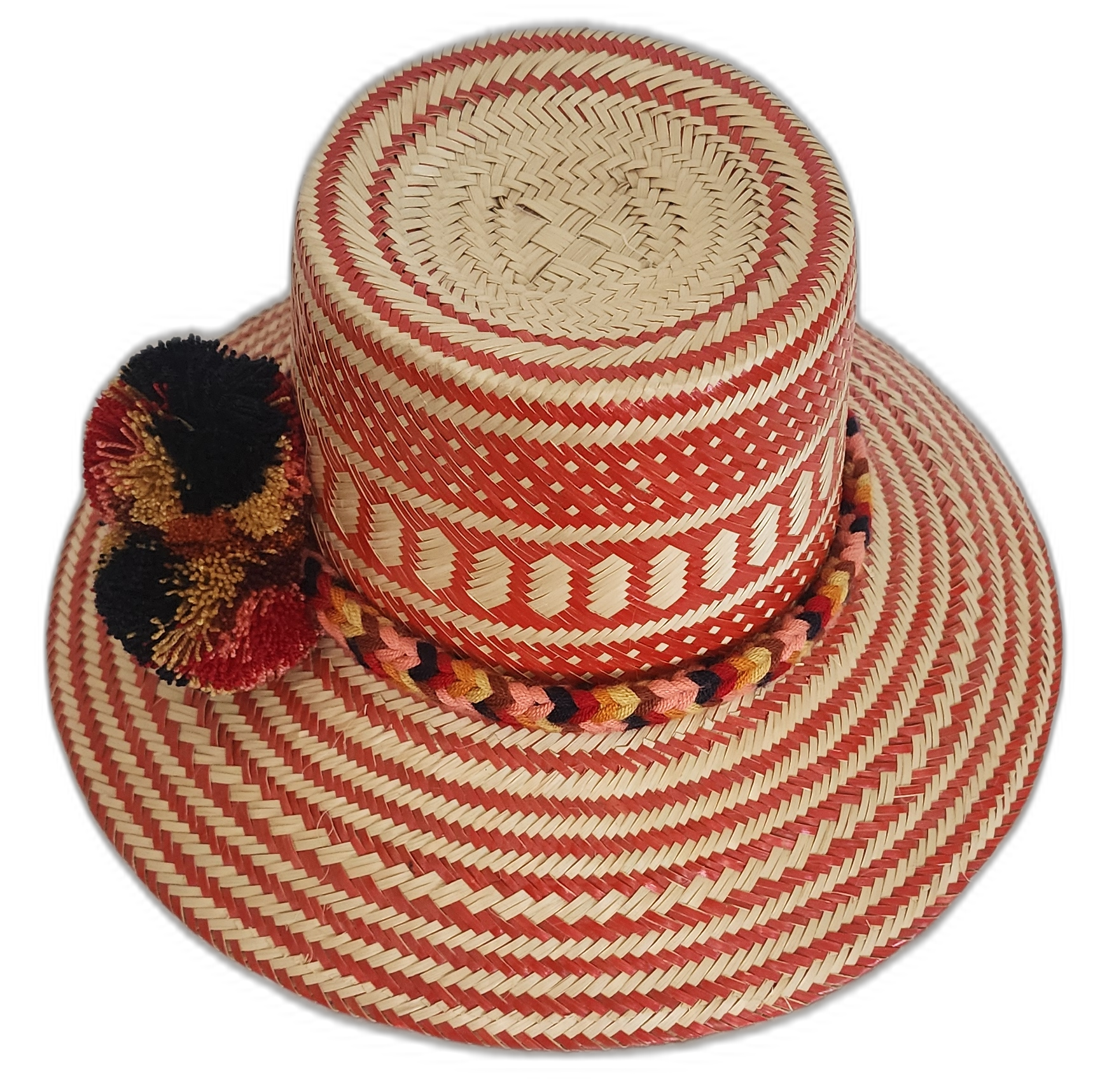 Bohemian Wayuu hat with red tones and handcrafted pompom details