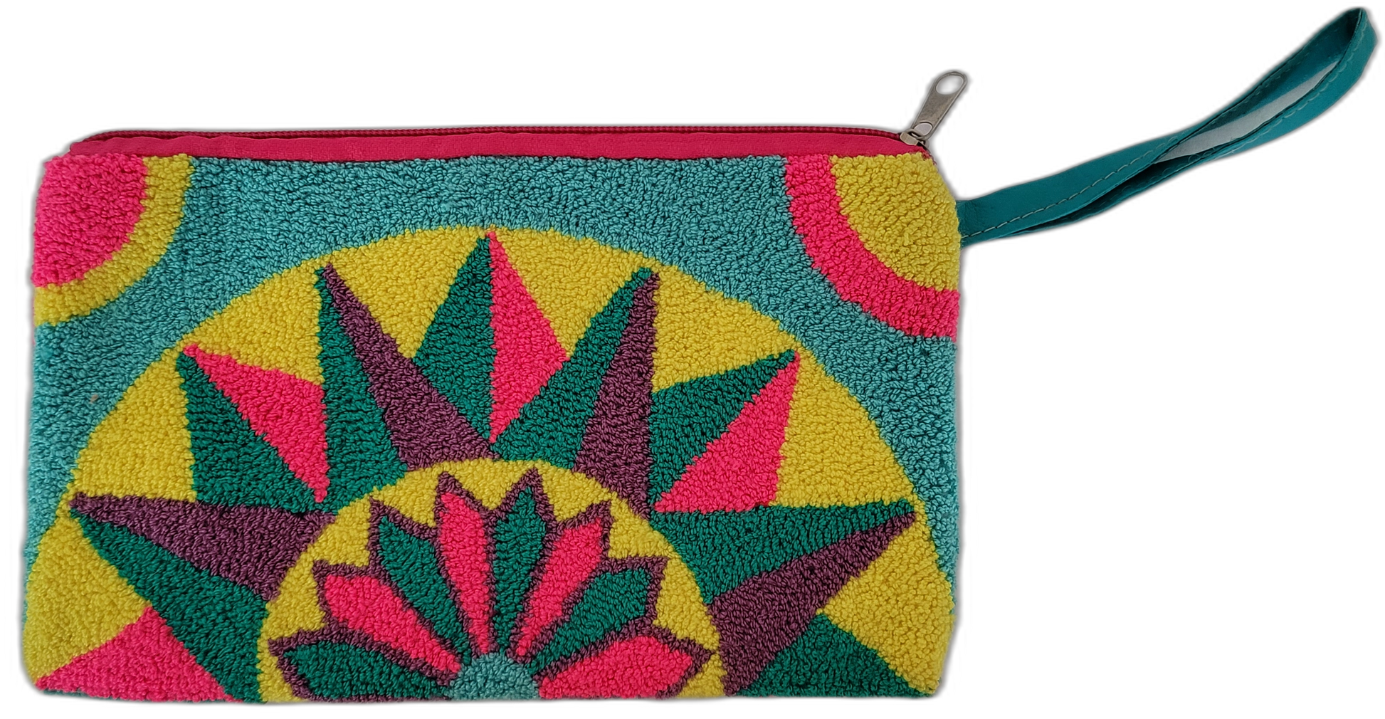 1 Colorful boho crochet clutch with handmade embroidery in sun-inspired pattern

