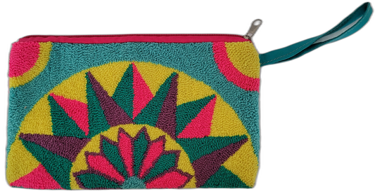 Colorful boho crochet clutch with handmade embroidery in sun-inspired pattern

