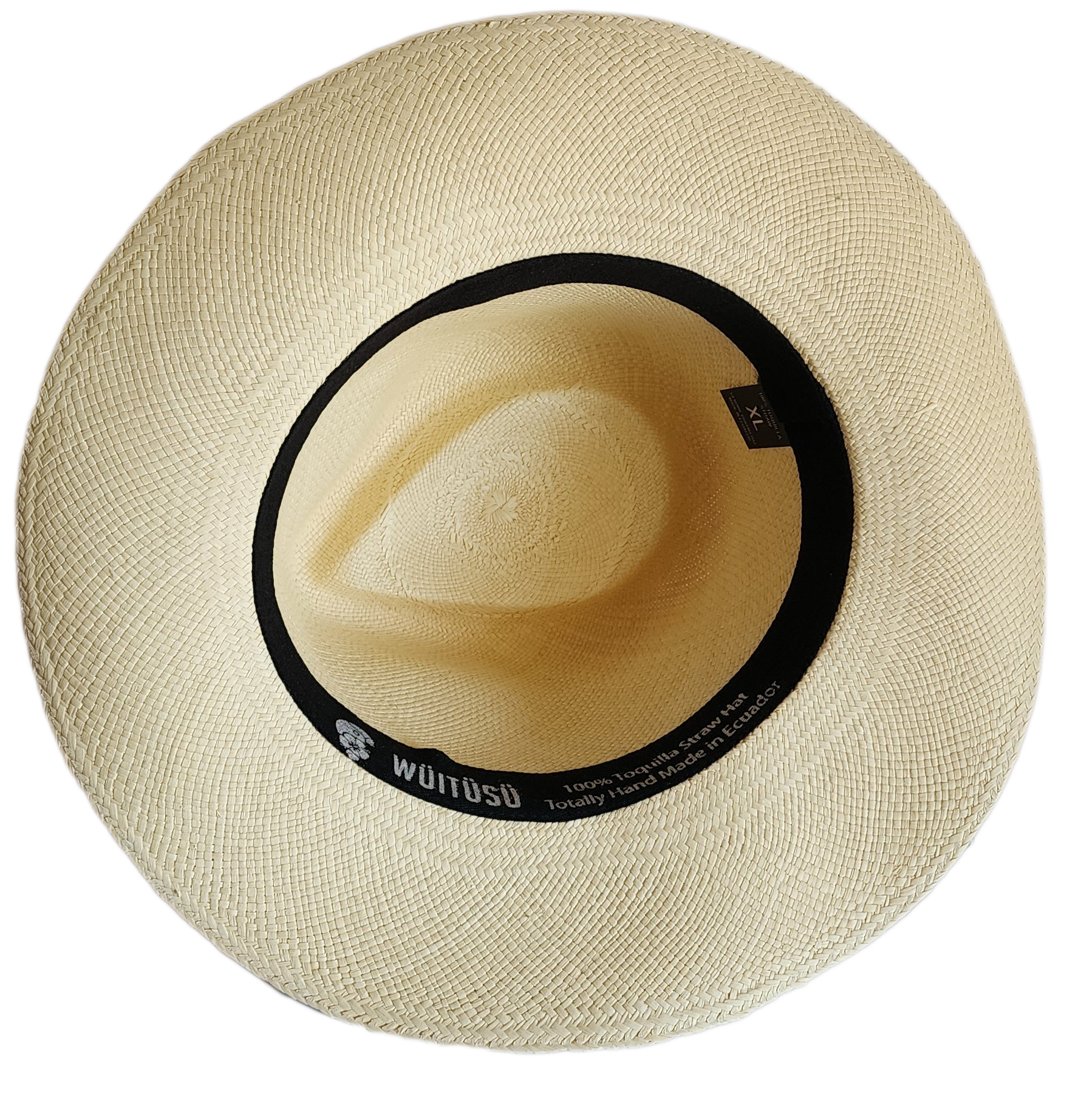 Bottom view Lightweight bohemian Panama hat with classic black band.