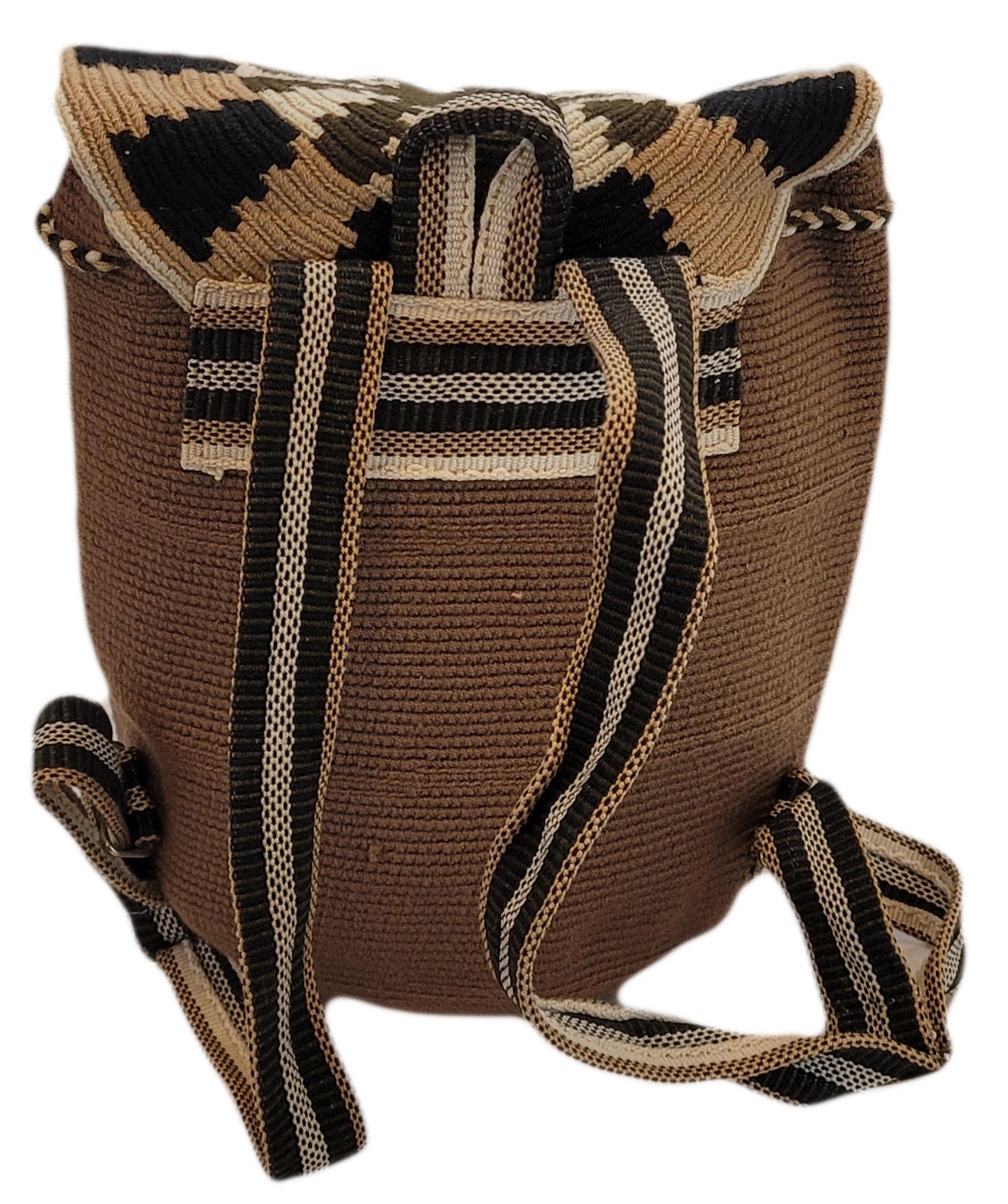 Bottom view Bohemian Wayuu backpack in beige and black with handmade tassel ties.