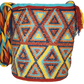 Artisan Wayuu bag featuring vibrant triangle motifs and rainbow strap.