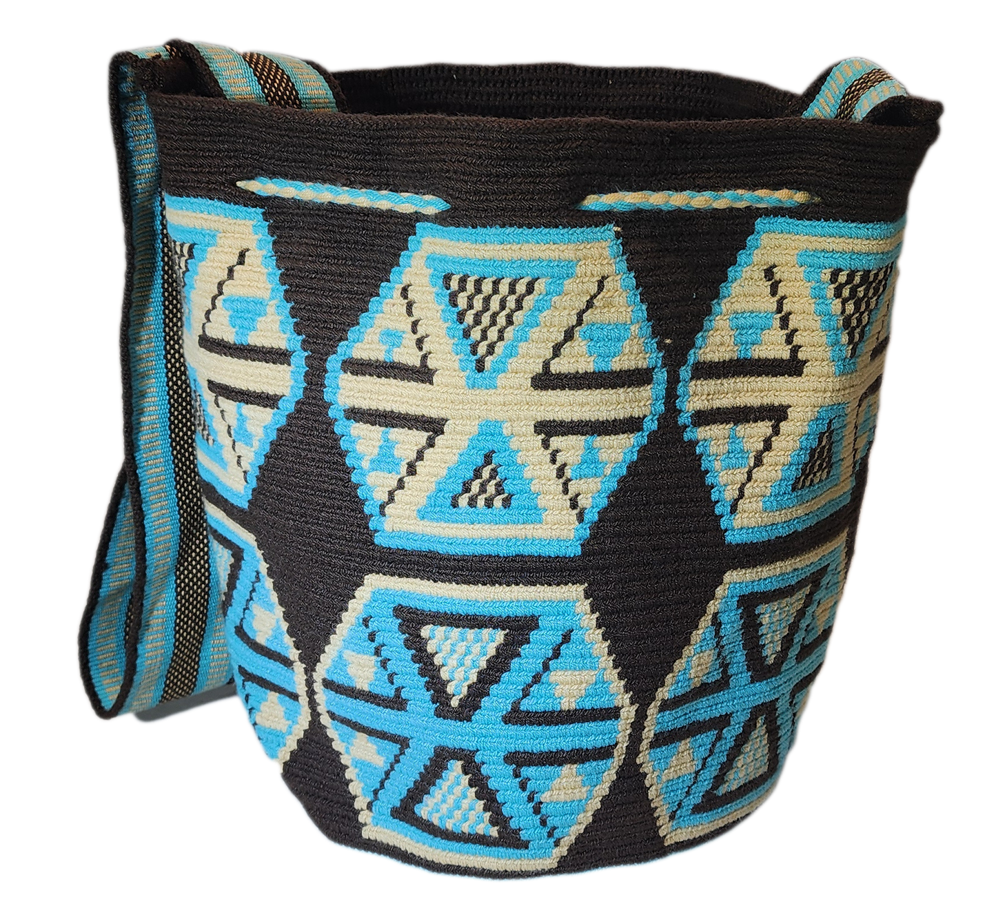 Artisan crochet bag with turquoise accents and traditional Wayuu design.