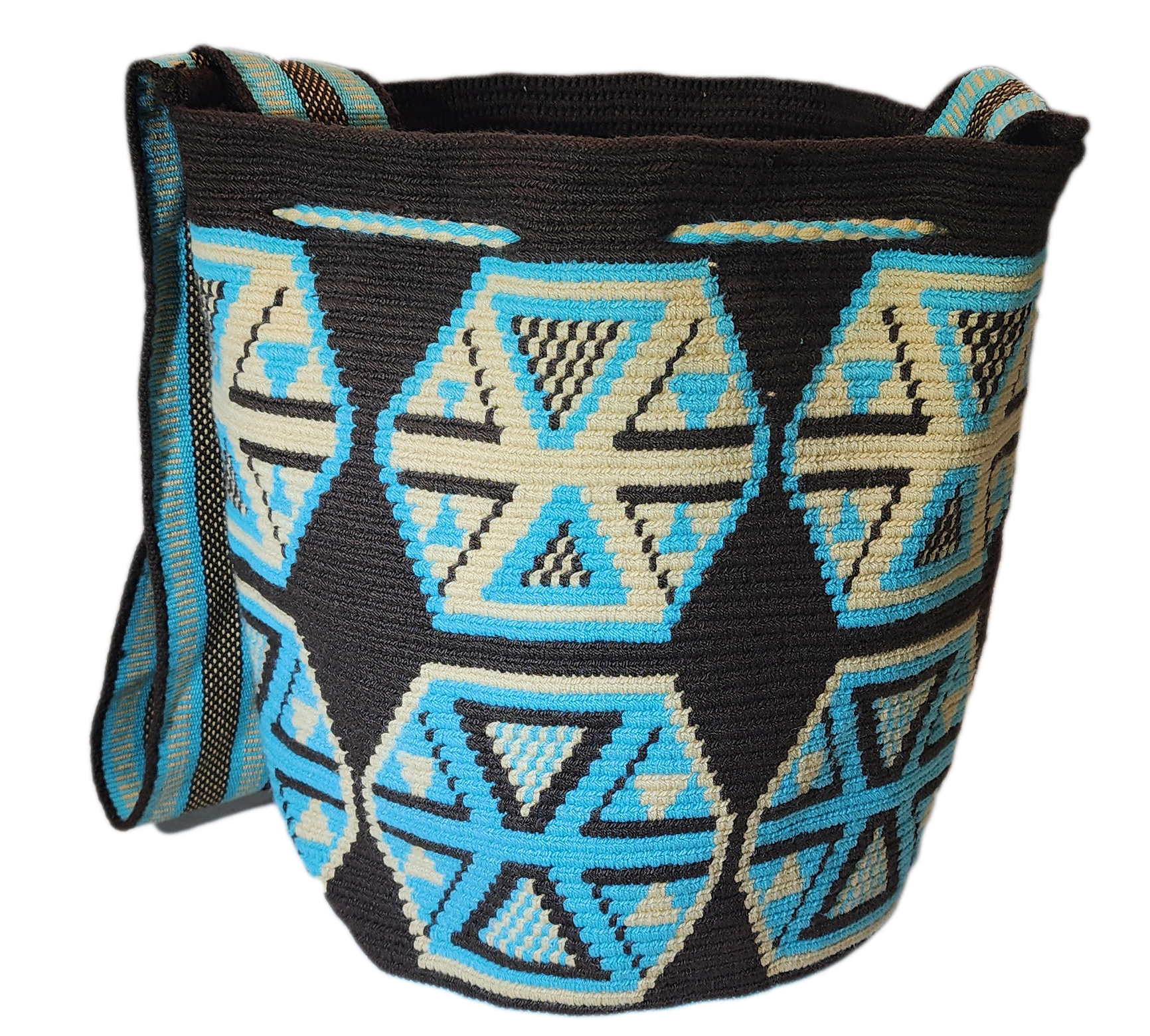 Bottom view Artisan crochet bag with turquoise accents and traditional Wayuu design.
