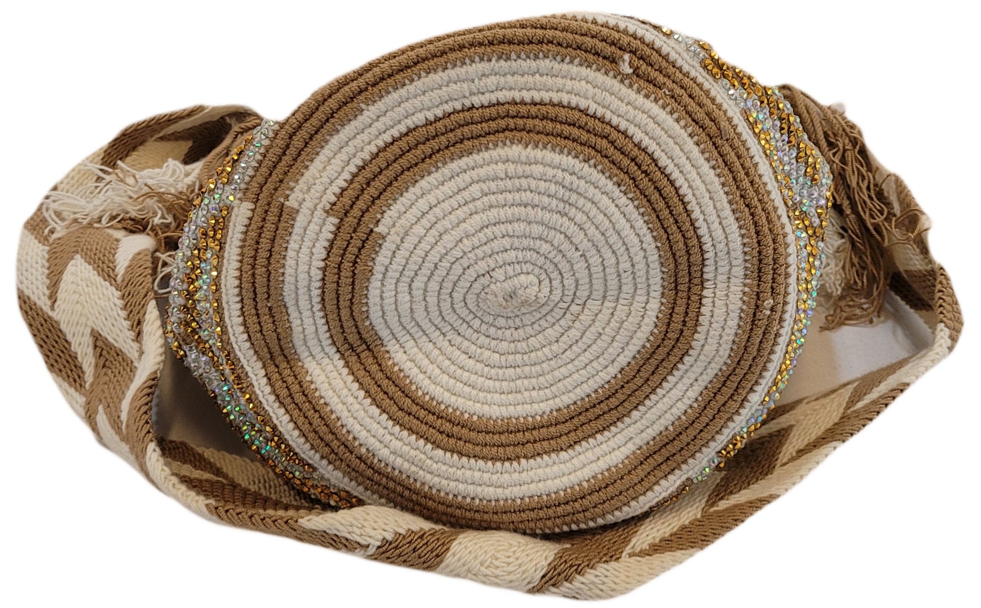 Bohemian crochet handbag with plush pom-poms and detailed diamond motifs.