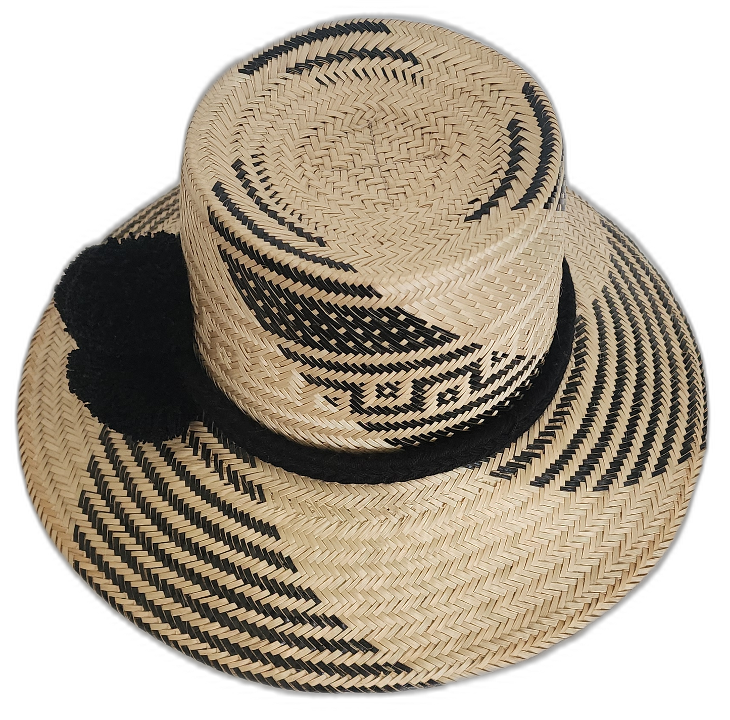Minimalist Wayuu summer hat with geometric patterns and bold pompoms