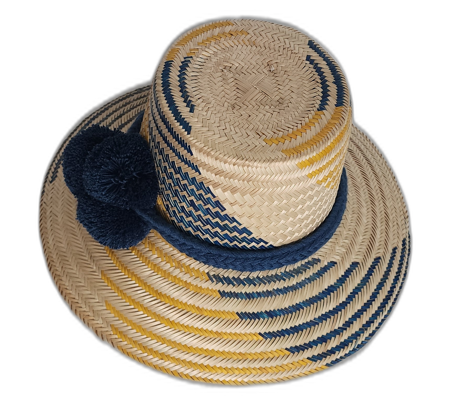 Wayuu Boho hat in navy and yellow tones with pompom embellishments