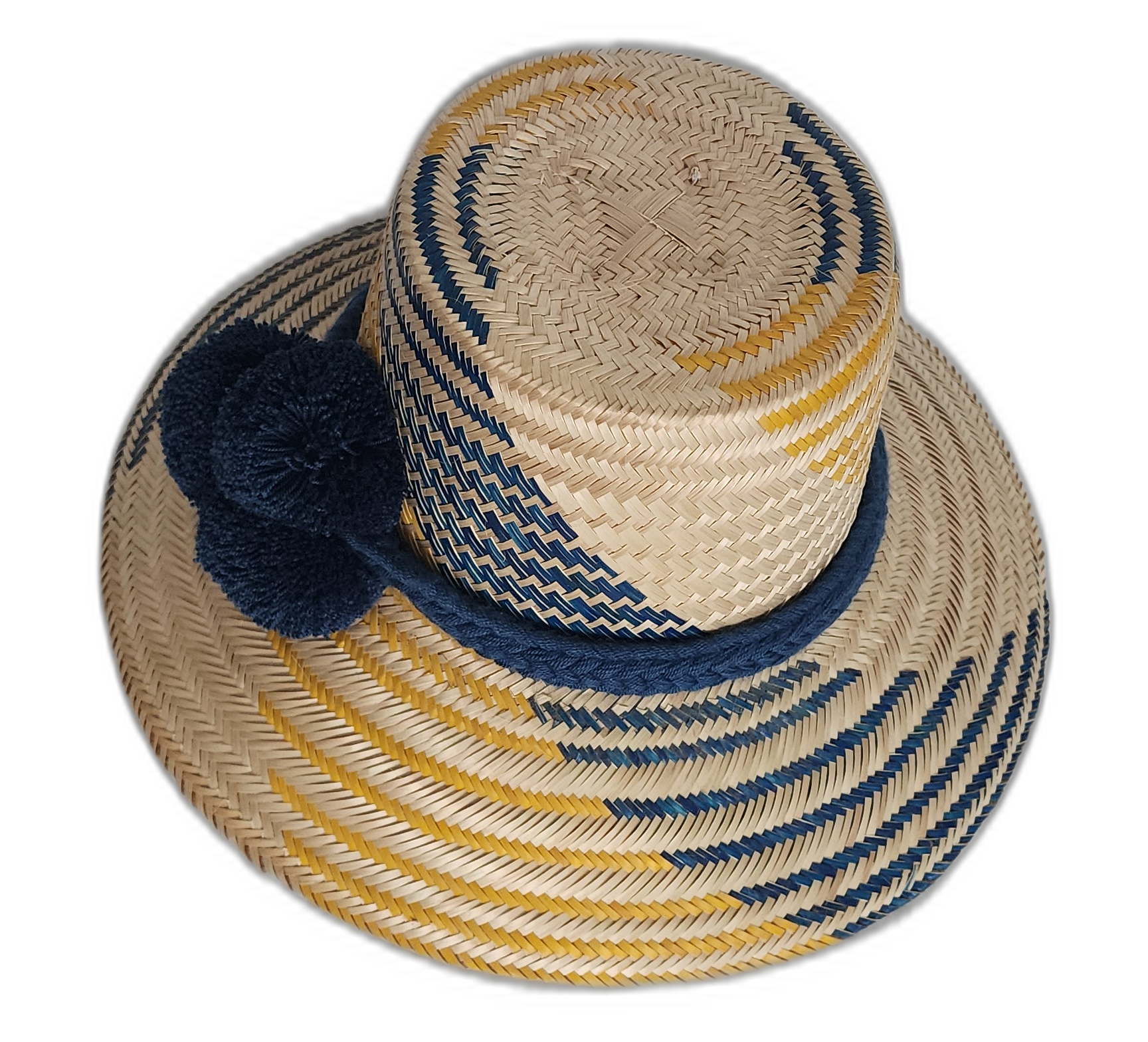 Wayuu Boho hat in navy and yellow tones with pompom embellishments