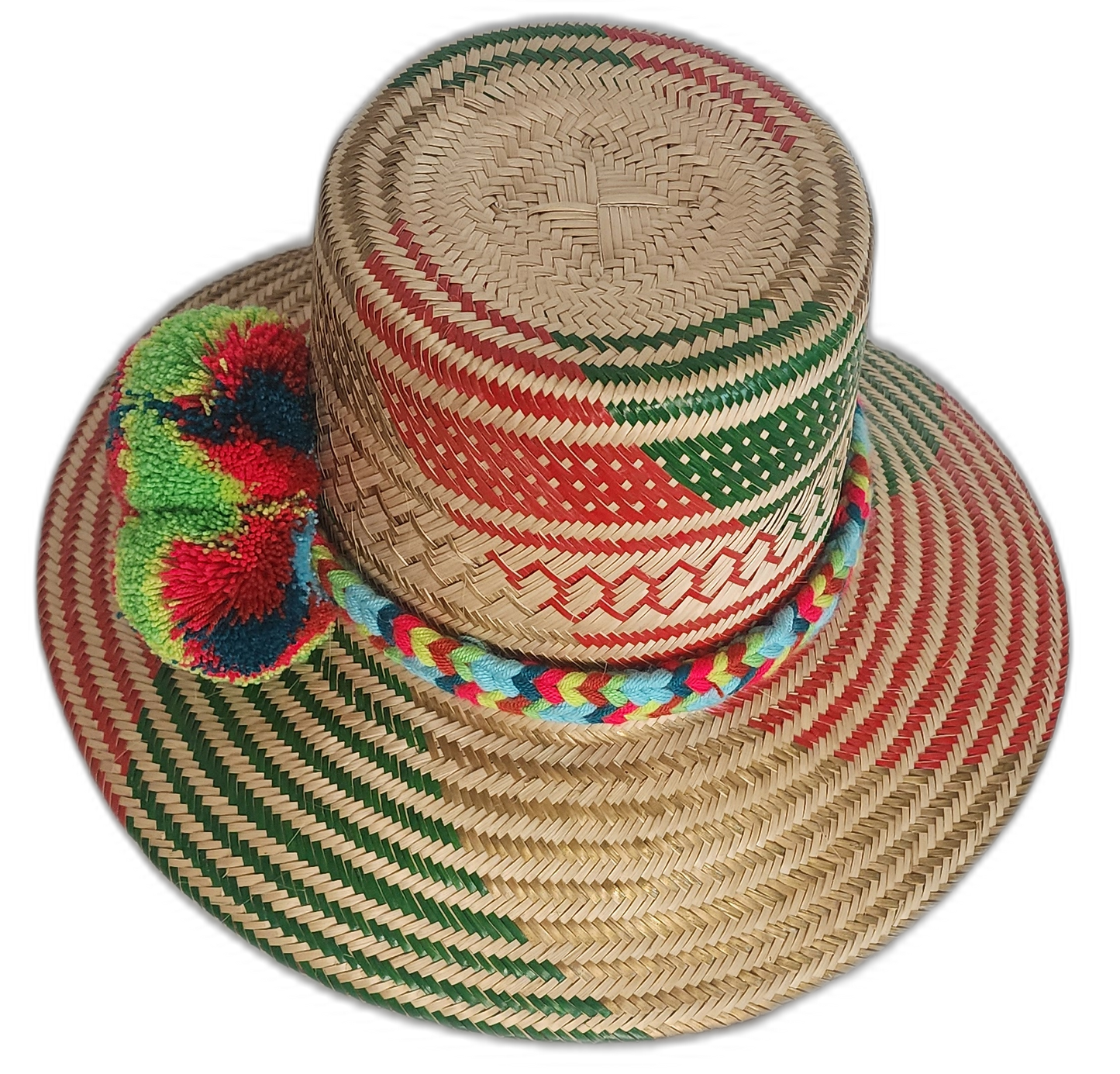 Artisan straw hat with bold red and green tones, neon pompoms, and palm fiber weave