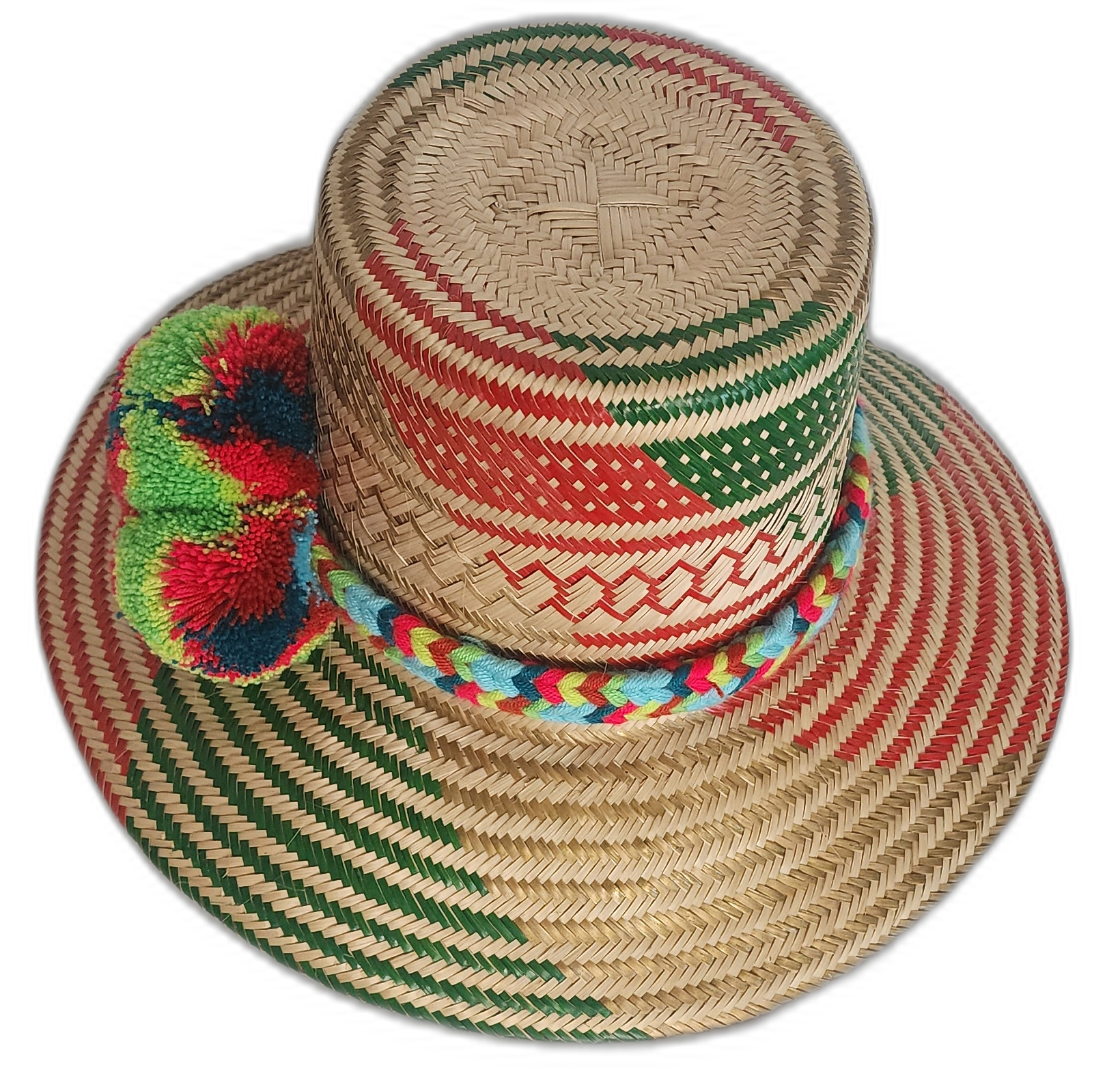 Artisan straw hat with bold red and green tones, neon pompoms, and palm fiber weave