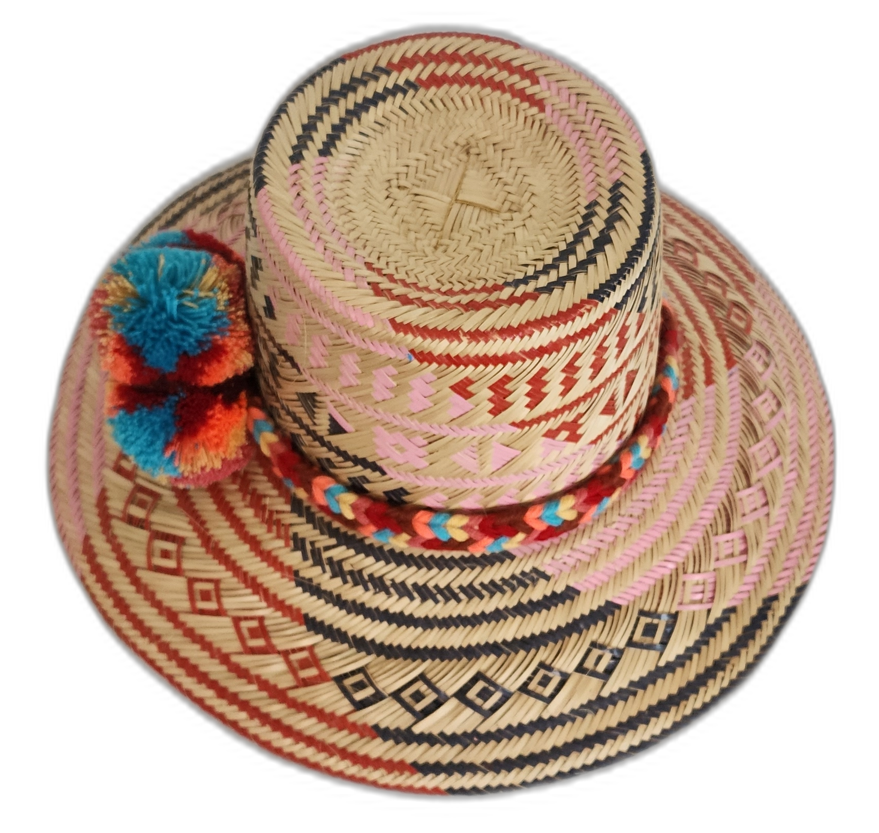 Festival-ready straw hat with Wayuu craftsmanship and colorful detailing