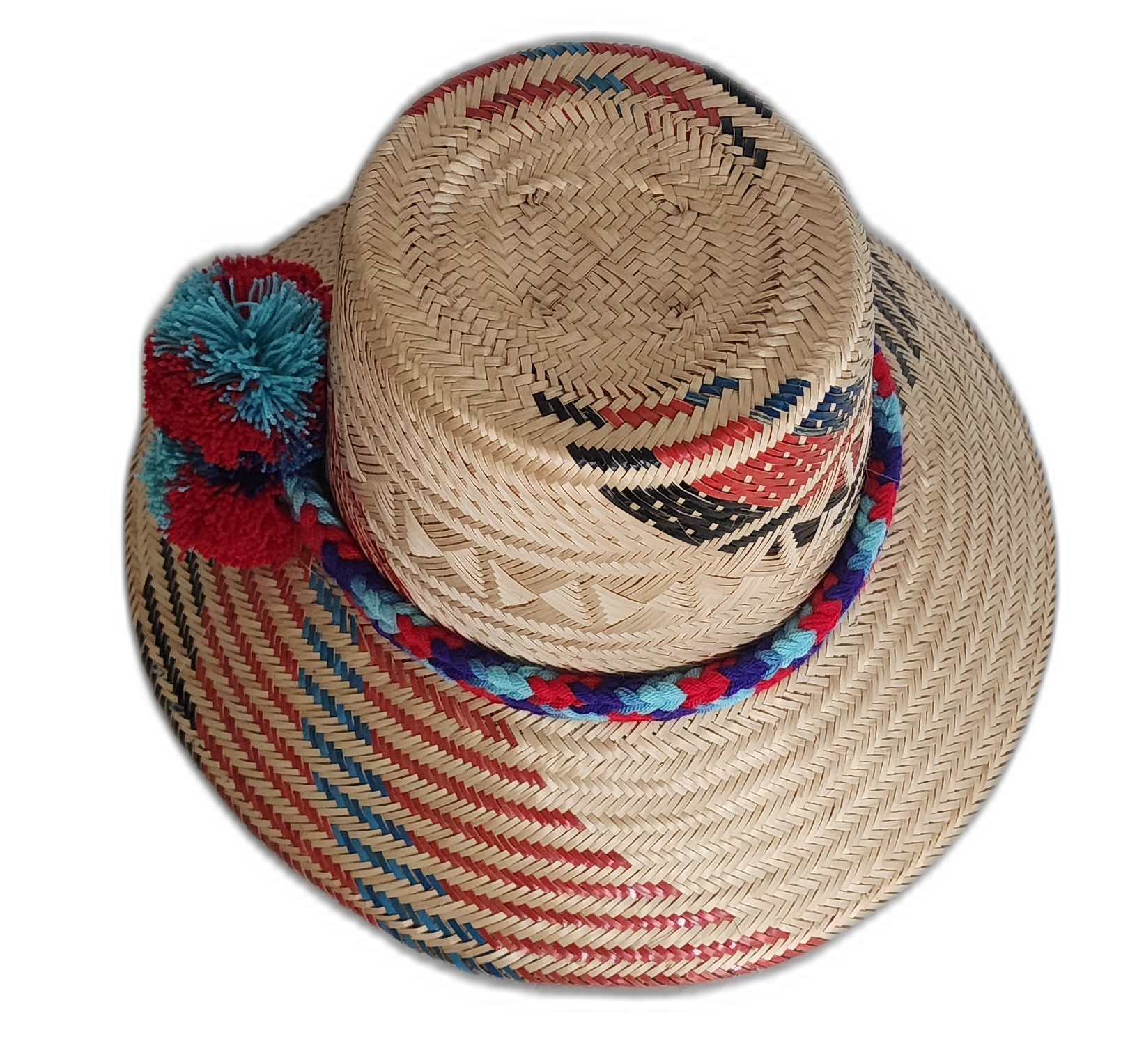 Colorful bohemian straw hat with bold geometric design and handmade pompoms