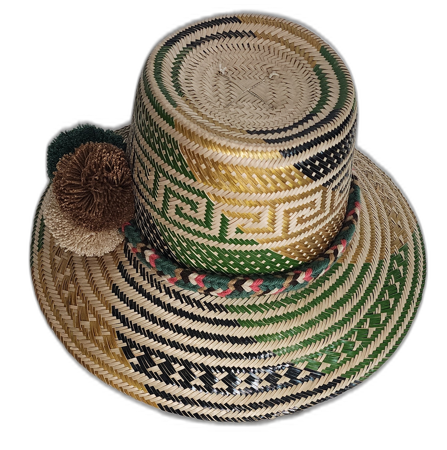 Wayuu hat with geometric weave, braided multicolor band, and neutral pompoms