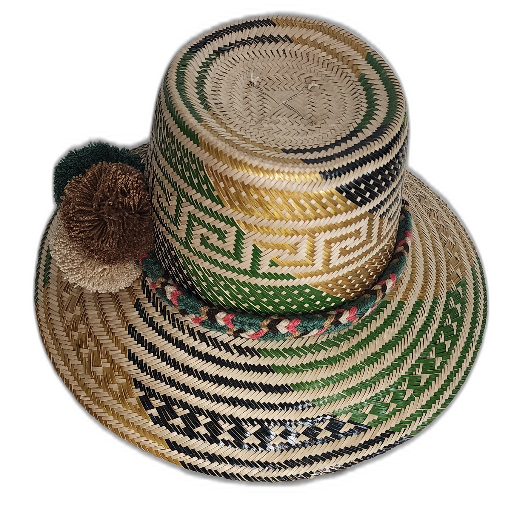 Wayuu hat with geometric weave, braided multicolor band, and neutral pompoms