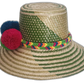Boho Wayuu artisan hat in natural and green weave with colorful pompom trio and braided band.
