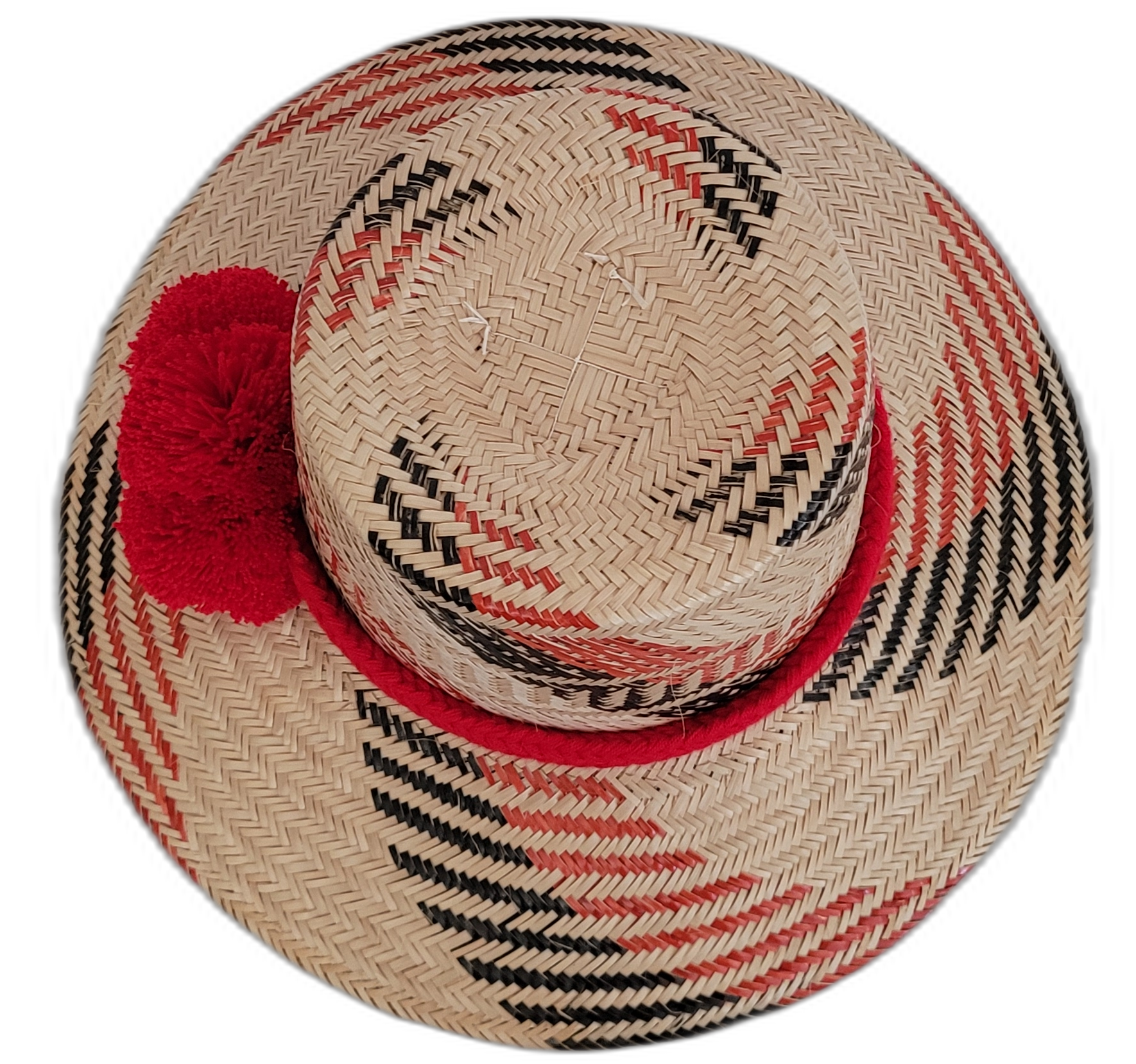 Unique black and red Wayuu straw hat, handmade with red decorative pompoms.

