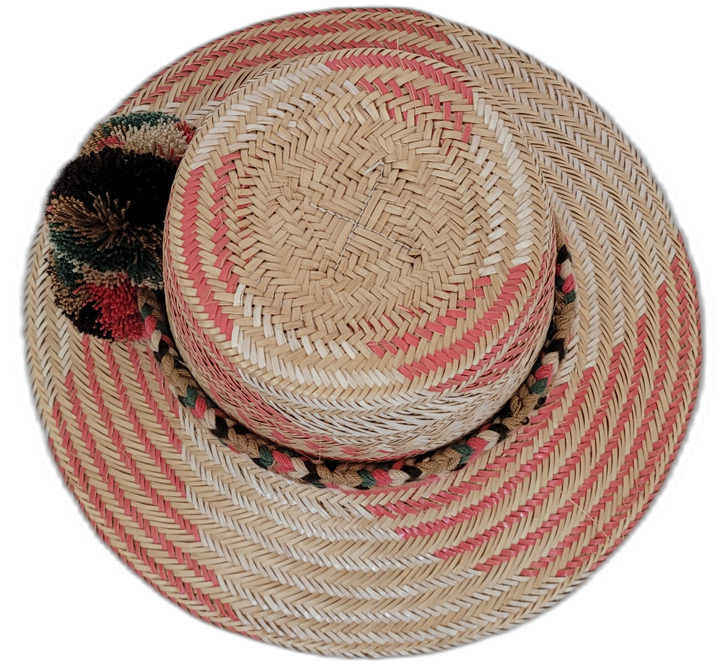 Artisan Wayuu hat in natural palm with woven earth-tone pompoms